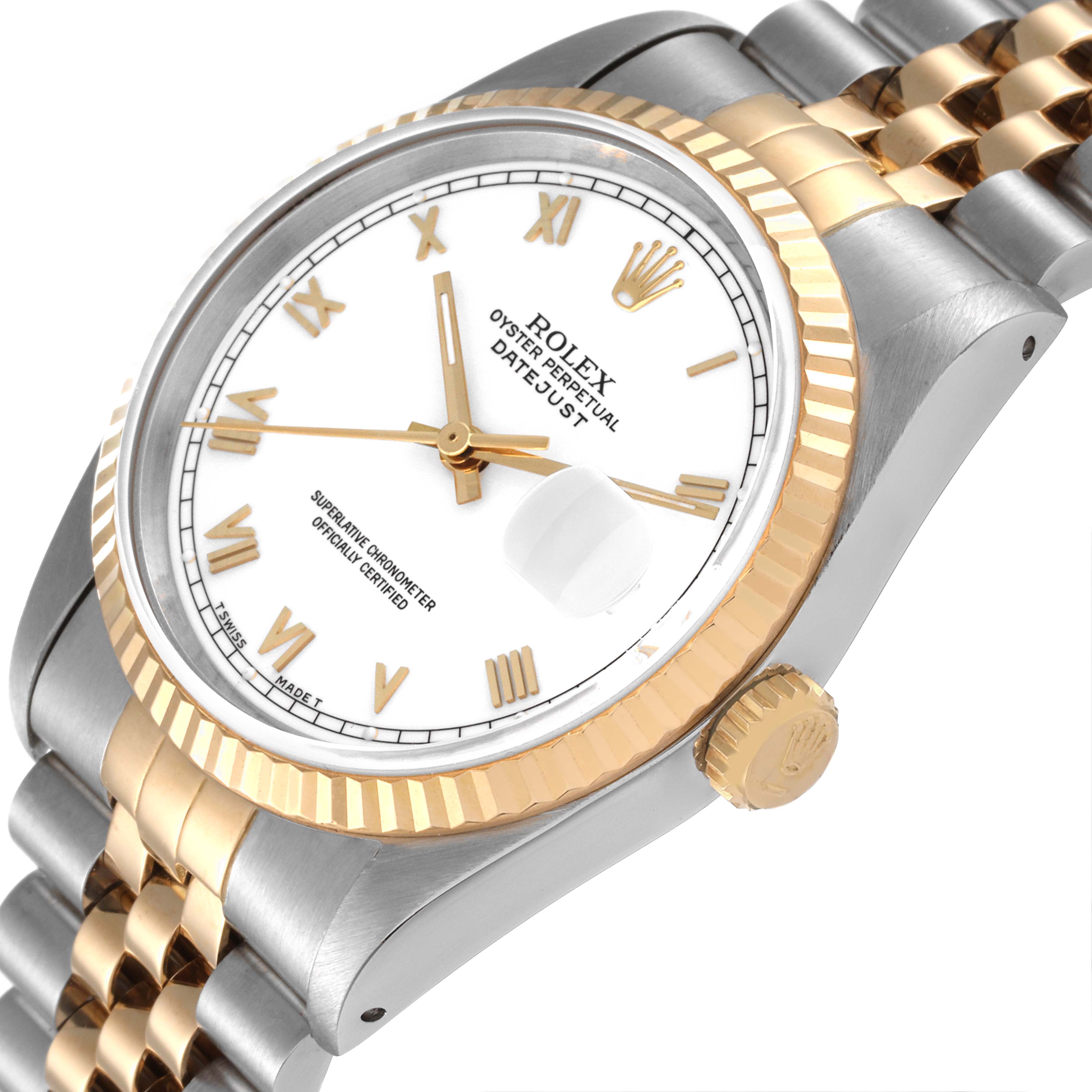 This image shows the Rolex Datejust 16233 Men's Stainless Steel White Dial 16233 Men's Stainless Steel White Dial watch at an angled side view, highlighting its gold bezel, crown, and two-tone bracelet.