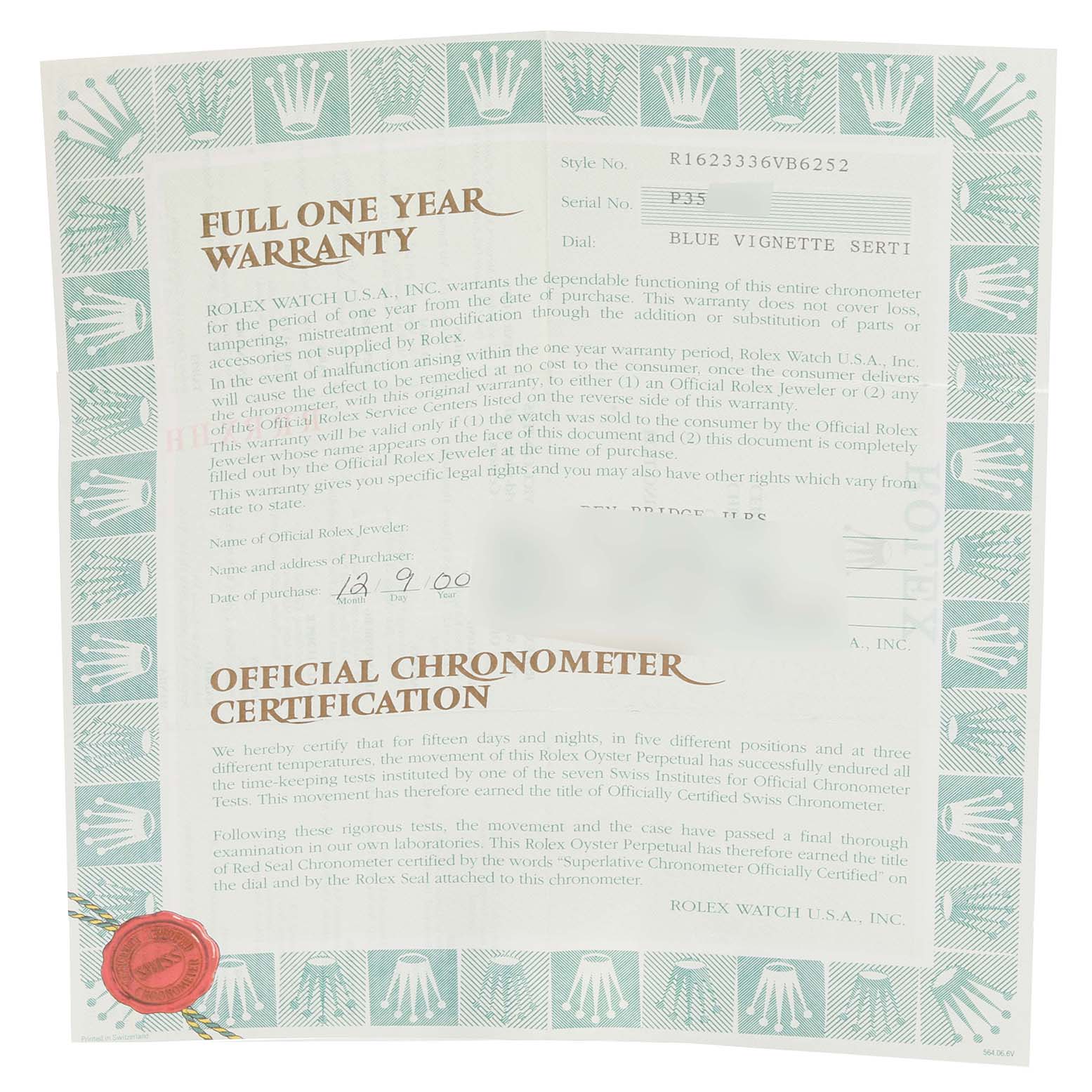 The image shows an official certificate and warranty for a Rolex Datejust 16233 Men's Steel and Gold (two tone) Blue Dial 16233 Men's Steel and Gold (two tone) Blue Dial model watch, including serial numbers and purchase details.