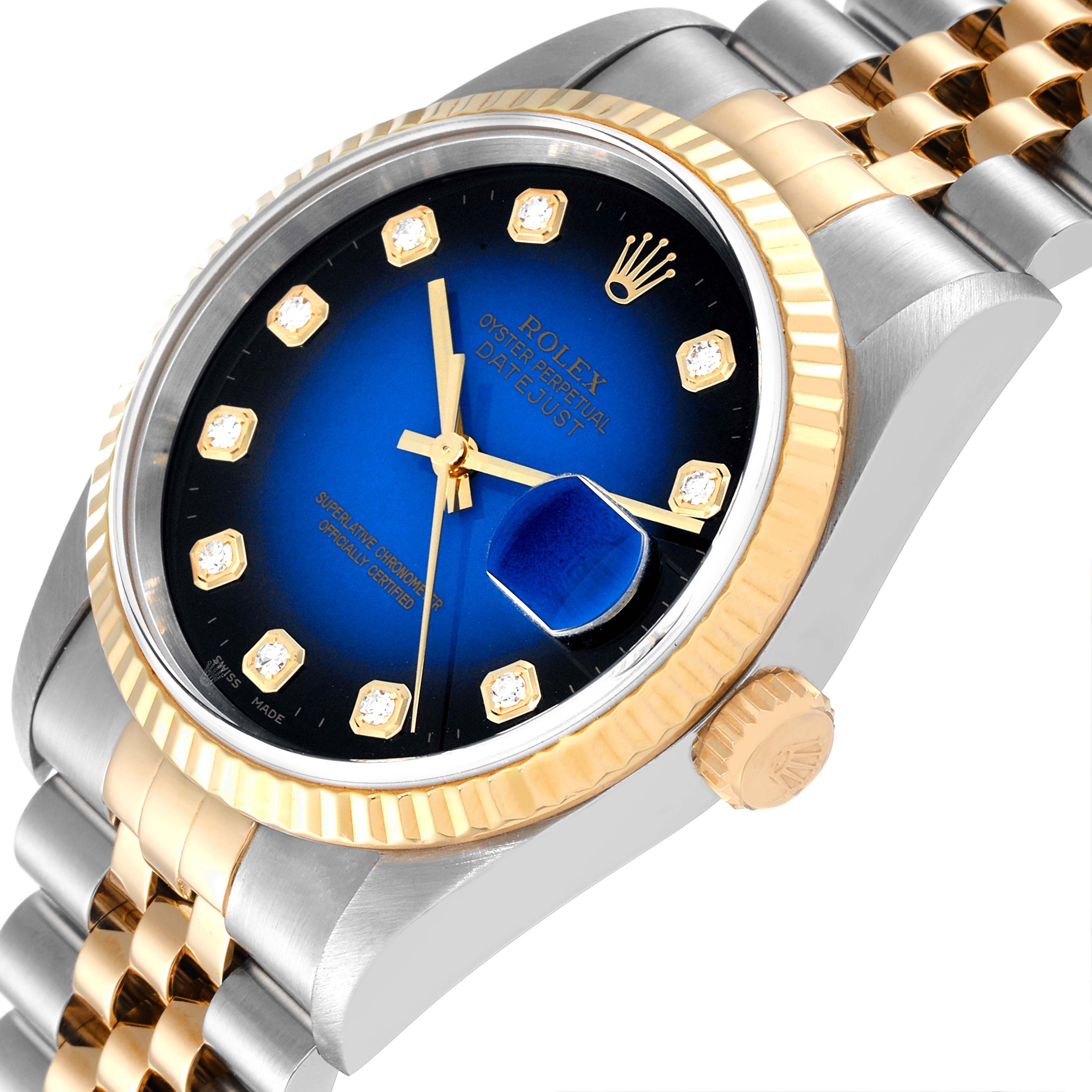 The image shows a close-up side angle of a Rolex Datejust 16233 Men's Steel and Gold (two tone) Blue Dial 16233 Men's Steel and Gold (two tone) Blue Dial watch, highlighting the bezel, dial, crown, and part of the bracelet.