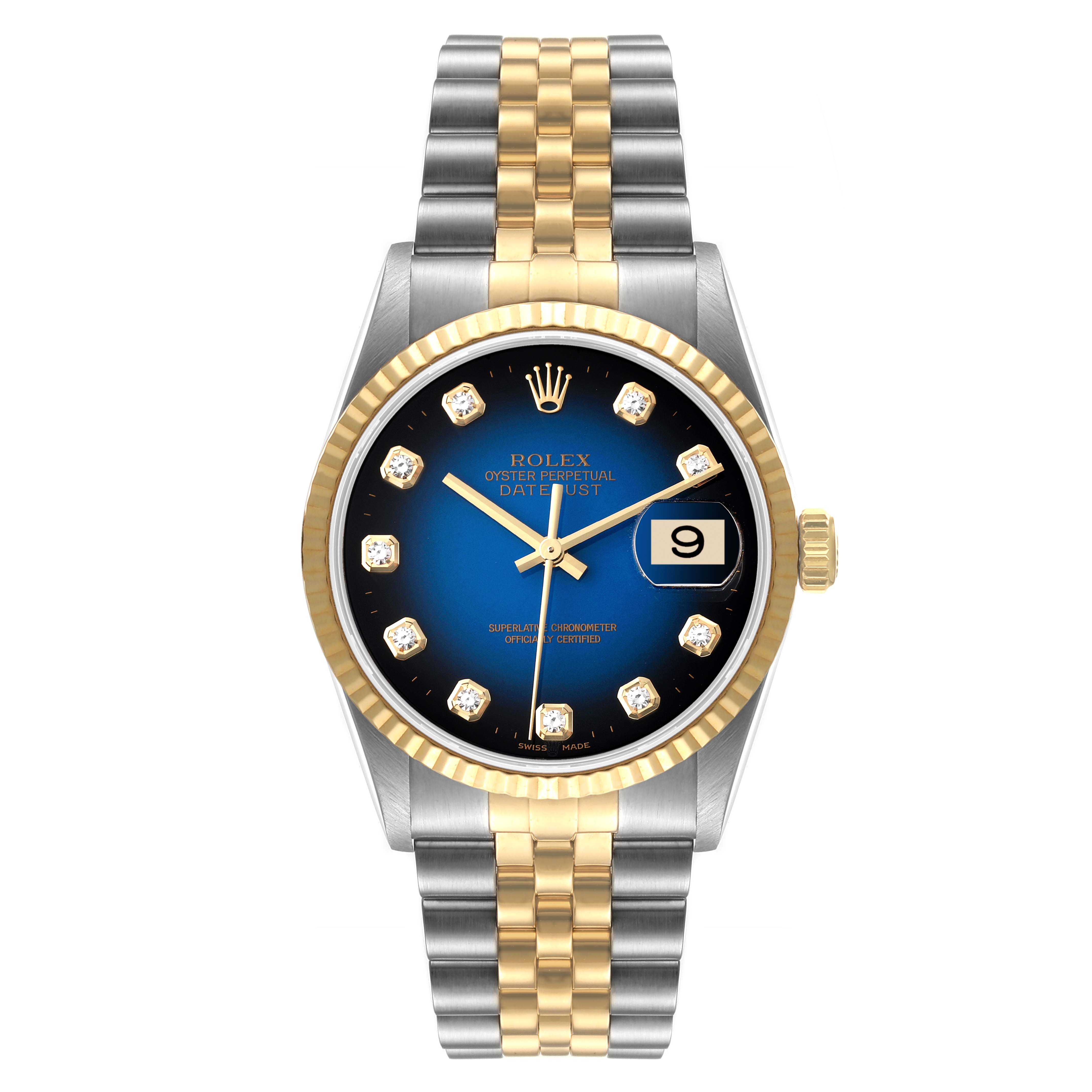 The image shows a front view of a Rolex Datejust 16233 Men's Steel and Gold (two tone) Blue Dial 16233 Men's Steel and Gold (two tone) Blue Dial watch, featuring a blue dial, gold bezel, and two-tone bracelet.