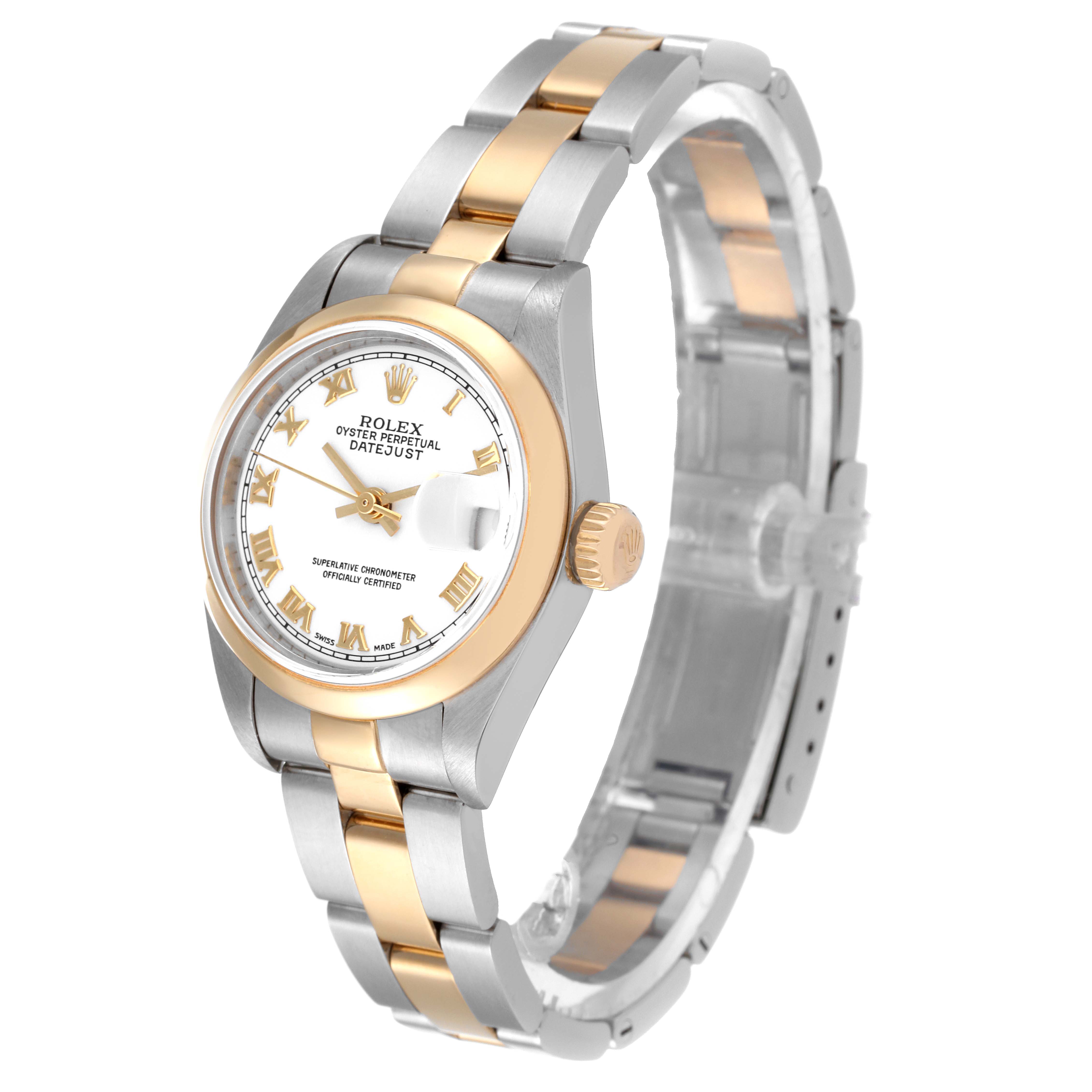 This image shows a front angle of a Rolex Datejust 79163 Women's Steel and Gold (two tone) White Dial 79163 Women's Steel and Gold (two tone) White Dial watch, highlighting the face, bezel, crown, and two-tone bracelet.