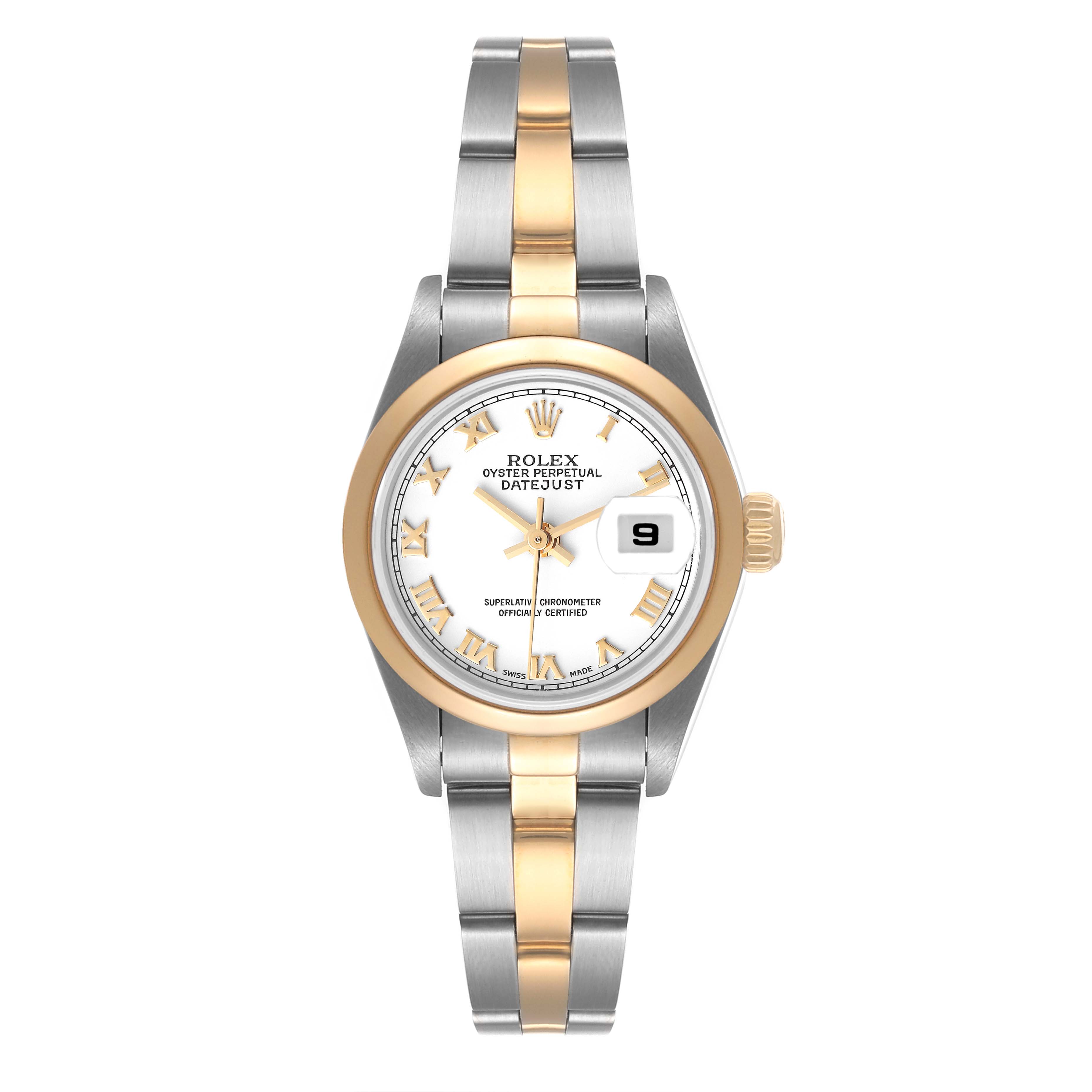 The image shows a front view of a Rolex Datejust 79163 Women's Steel and Gold (two tone) White Dial 79163 Women's Steel and Gold (two tone) White Dial watch with gold and silver bracelet and a white dial.