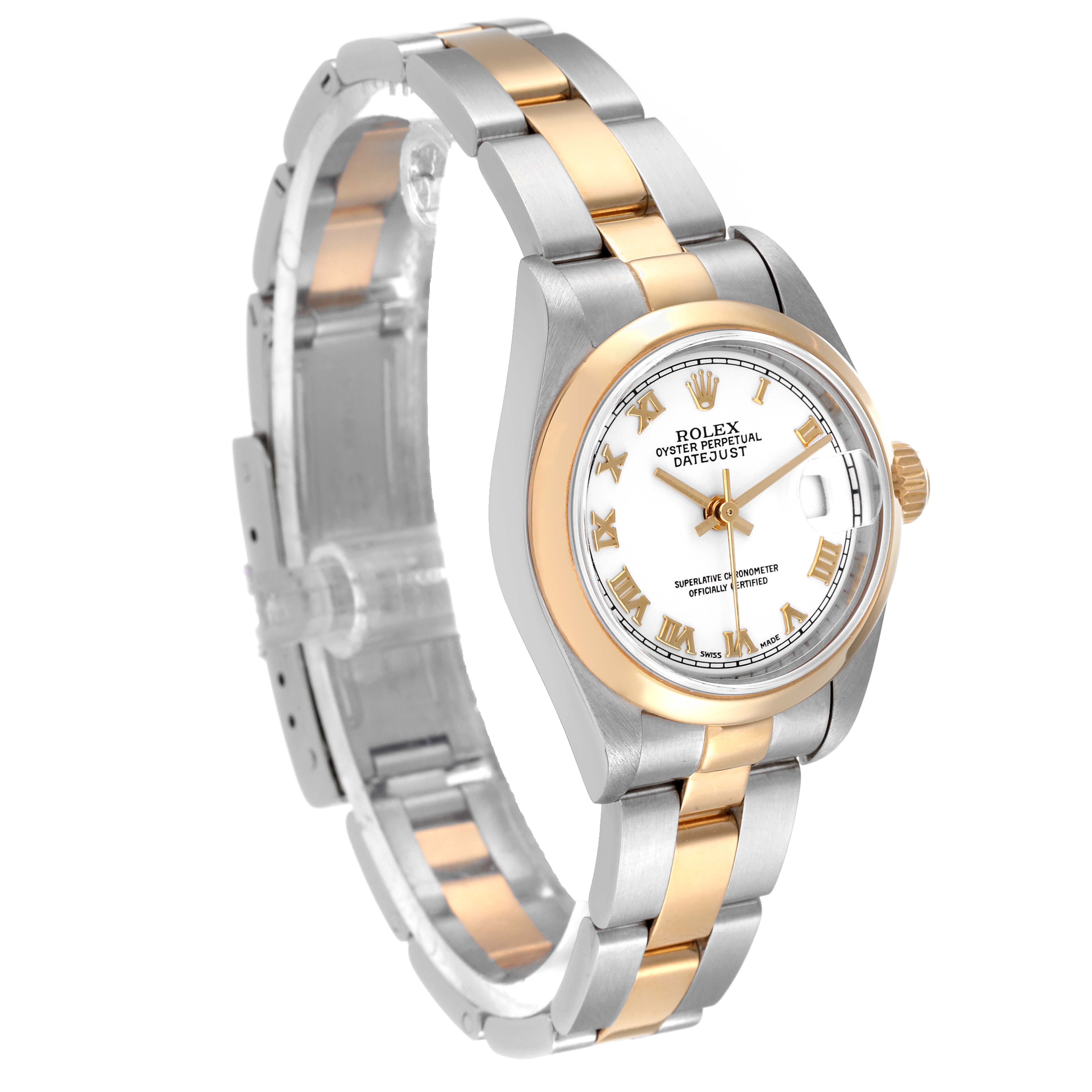 The image shows a Rolex Datejust 79163 Women's Steel and Gold (two tone) White Dial 79163 Women's Steel and Gold (two tone) White Dial watch at a three-quarter angle displaying its face, case, and two-tone bracelet.