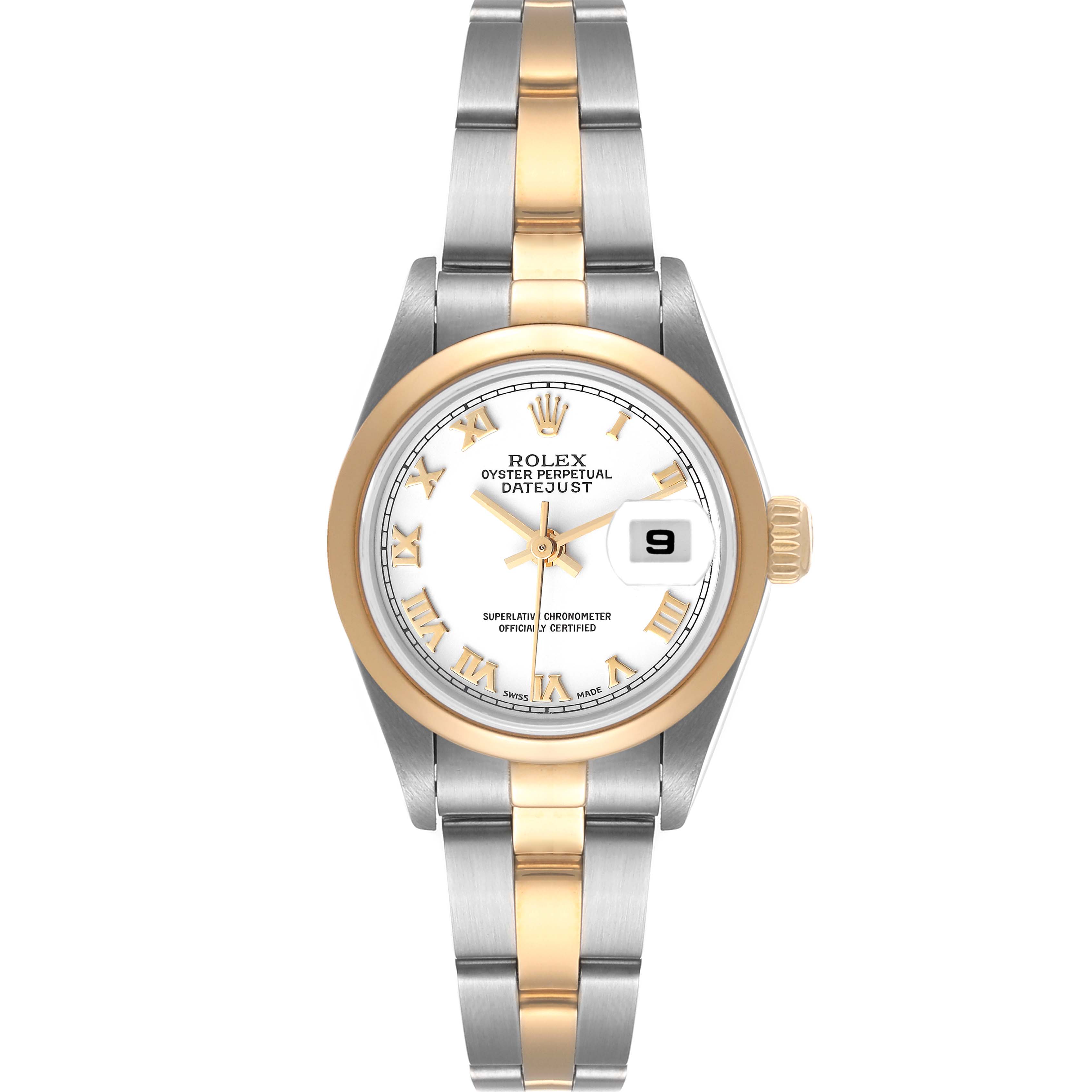 The Rolex Datejust 79163 Women's Steel and Gold (two tone) White Dial 79163 Women's Steel and Gold (two tone) White Dial watch is shown from a top-down angle, displaying its dial, bezel, and bracelet.