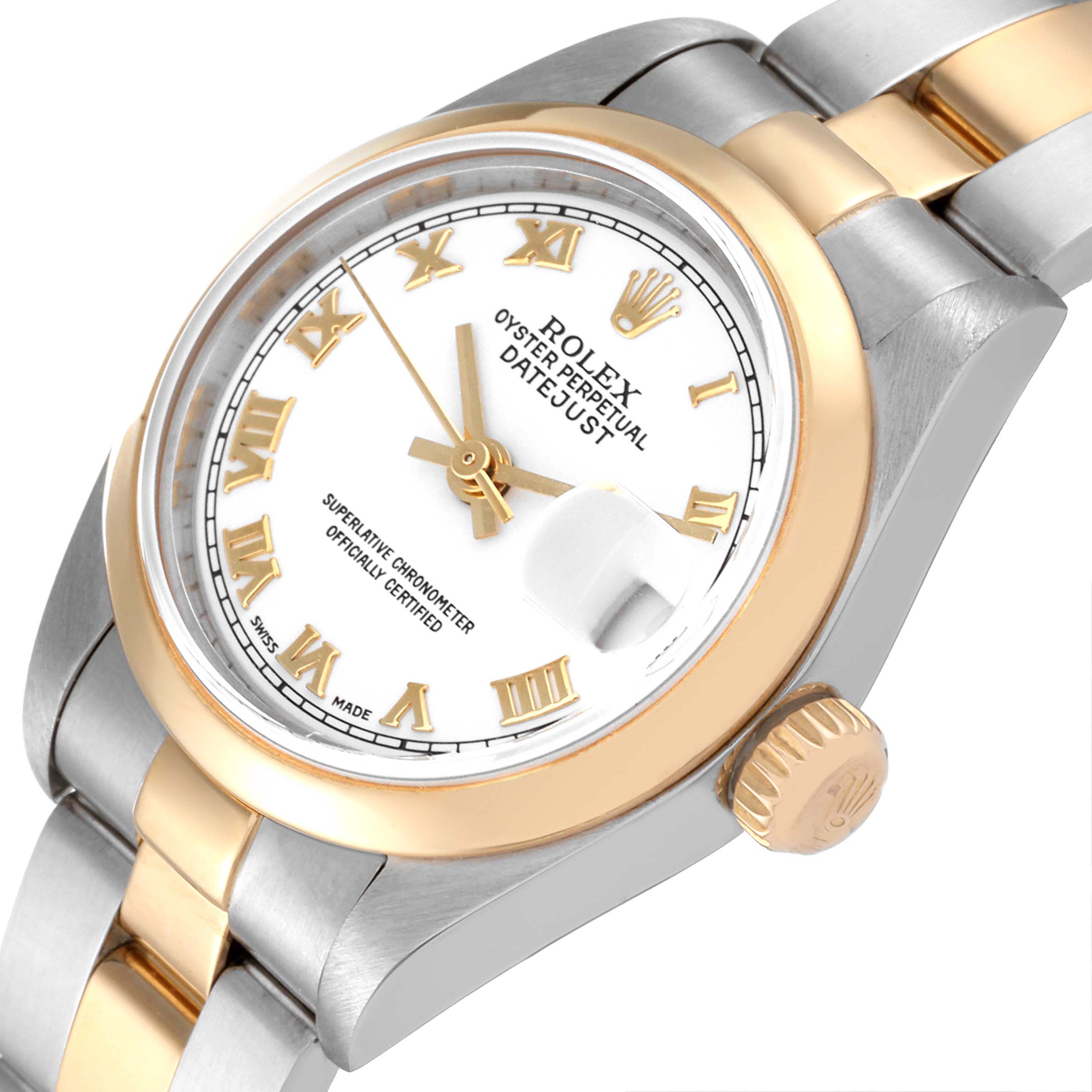 This image displays a close-up angle of a Rolex Datejust 79163 Women's Steel and Gold (two tone) White Dial 79163 Women's Steel and Gold (two tone) White Dial watch face, bezel, crown, and part of the bracelet.