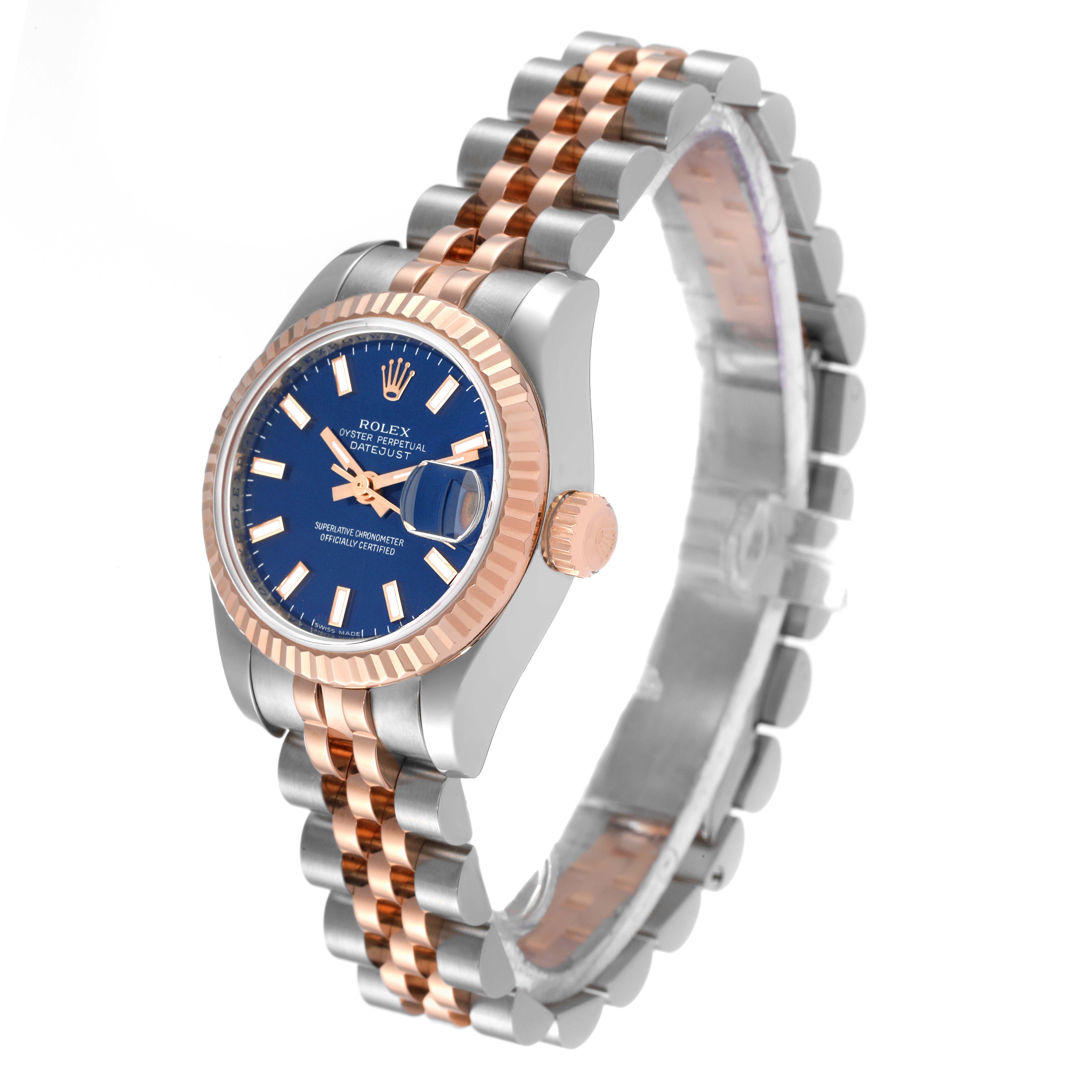 This Rolex Datejust 179171 Women's Steel and Gold (two tone) Blue Dial 179171 Women's Steel and Gold (two tone) Blue Dial watch is angled to display the face, crown, and part of the band clearly.