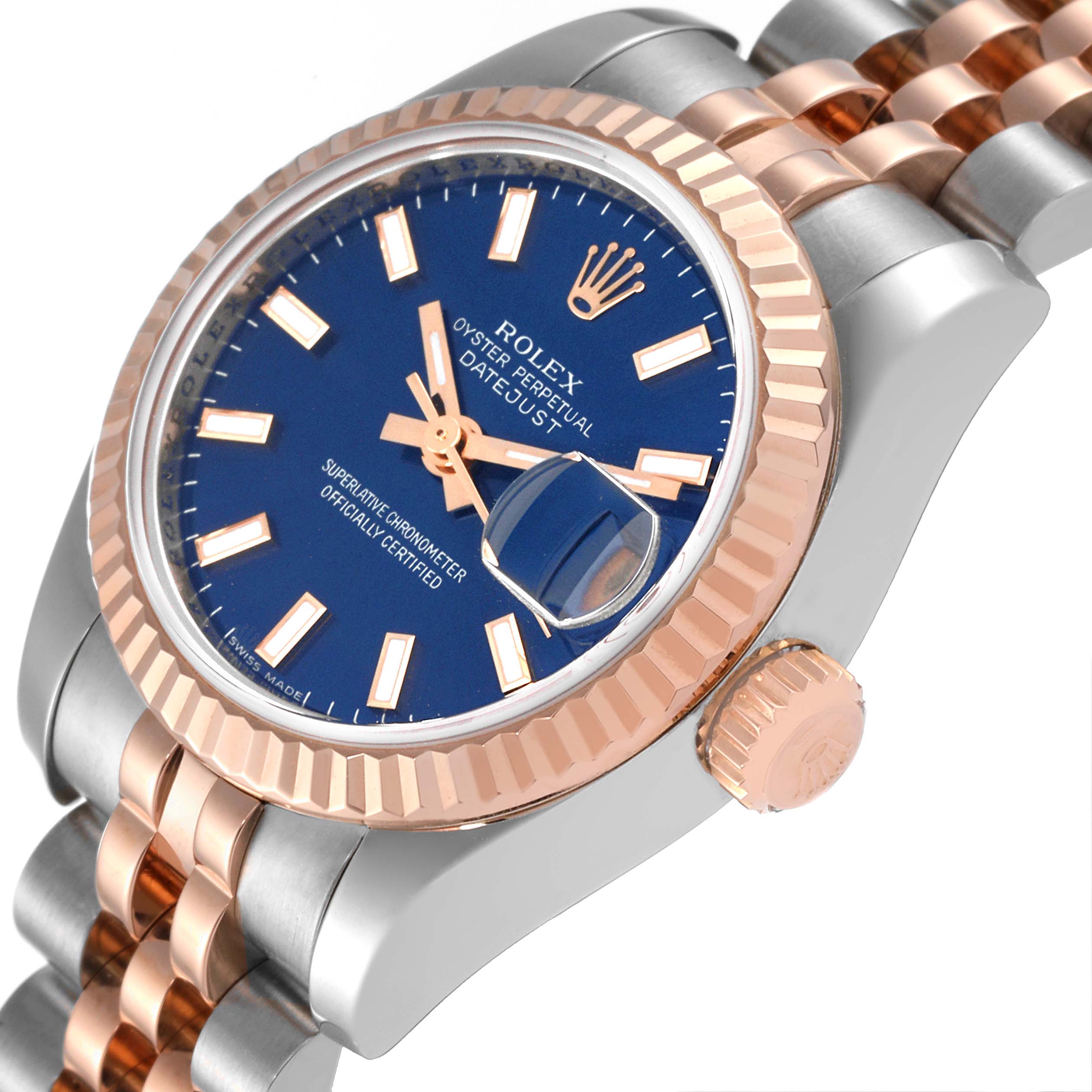 The image shows a Rolex Datejust 179171 Women's Steel and Gold (two tone) Blue Dial 179171 Women's Steel and Gold (two tone) Blue Dial watch from an angled view, highlighting the crown, bezel, bracelet, and blue dial.