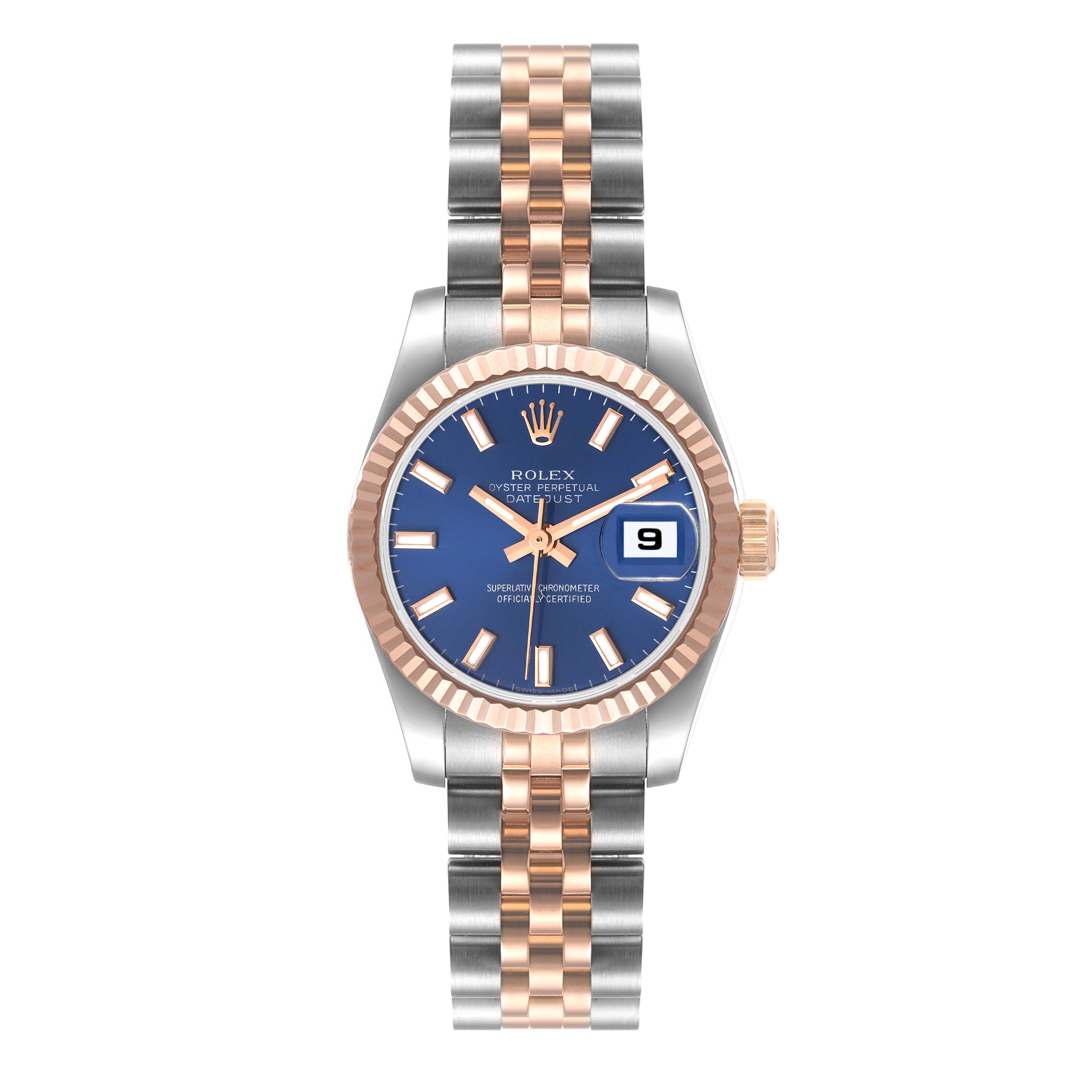 This Rolex Datejust 179171 Women's Steel and Gold (two tone) Blue Dial 179171 Women's Steel and Gold (two tone) Blue Dial watch is shown from a top-down angle, displaying the face, crown, and two-tone bracelet.