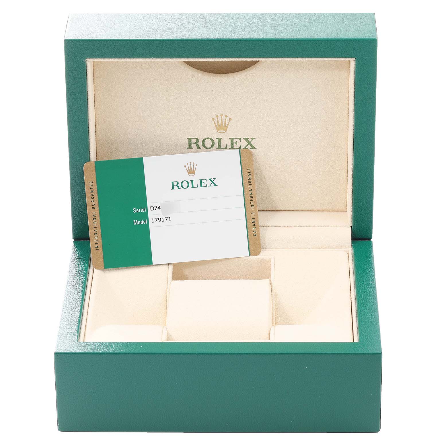 This image shows an open Rolex Datejust 179171 Women's Steel and Gold (two tone) Blue Dial 179171 Women's Steel and Gold (two tone) Blue Dial watch box with a serial/model card inside.