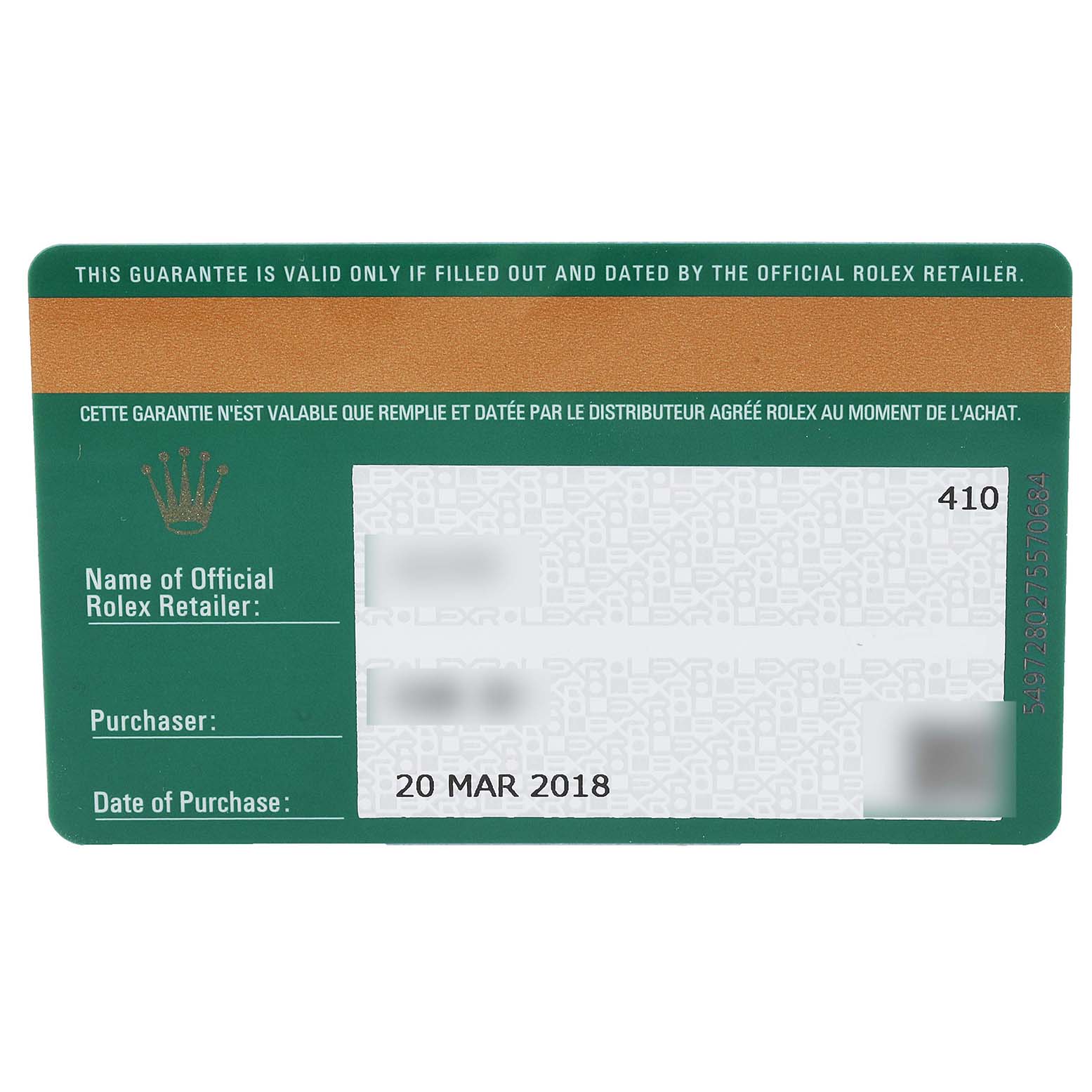 The image shows a warranty card for a Rolex Datejust 179171 Women's Steel and Gold (two tone) Blue Dial 179171 Women's Steel and Gold (two tone) Blue Dial watch, displaying purchase details and official retailer information.