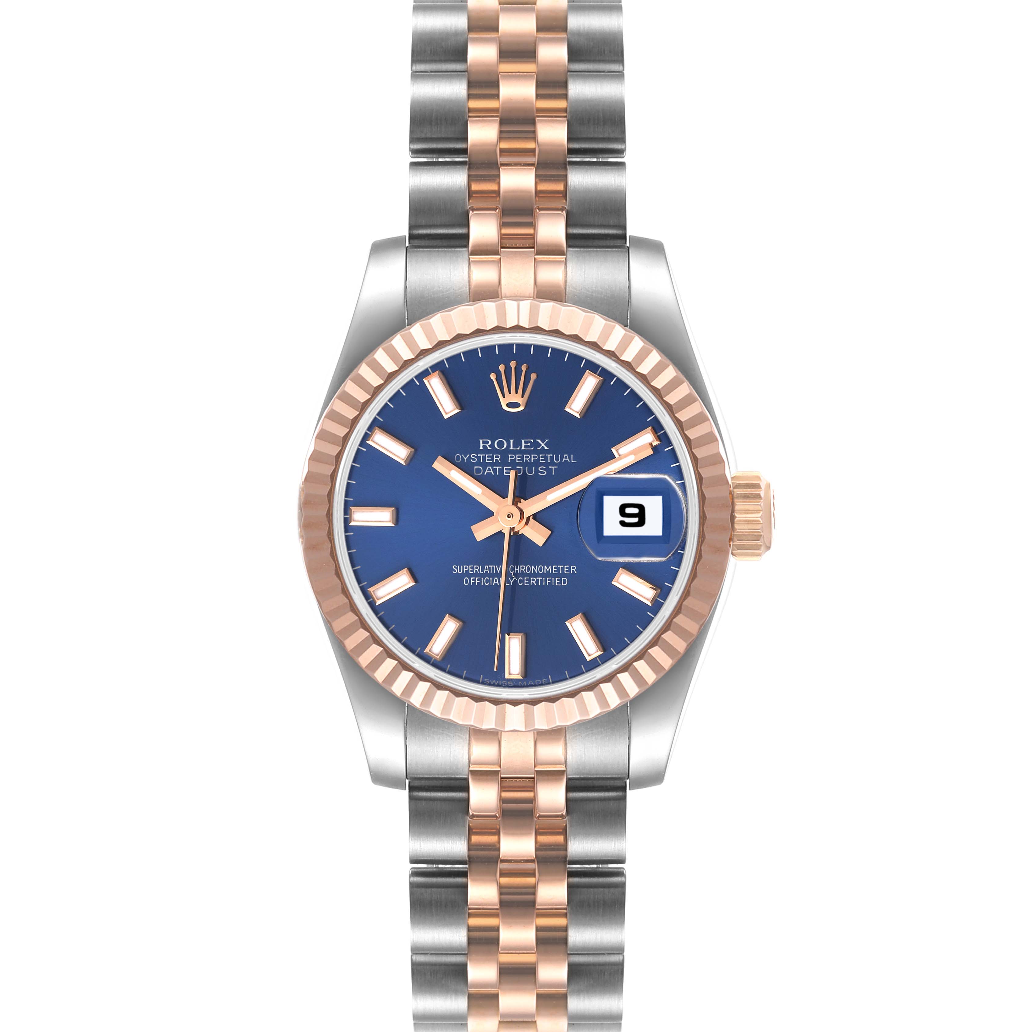 The Rolex Datejust 179171 Women's Steel and Gold (two tone) Blue Dial 179171 Women's Steel and Gold (two tone) Blue Dial watch is shown from a front angle, highlighting its blue dial, date window, and two-tone bracelet.