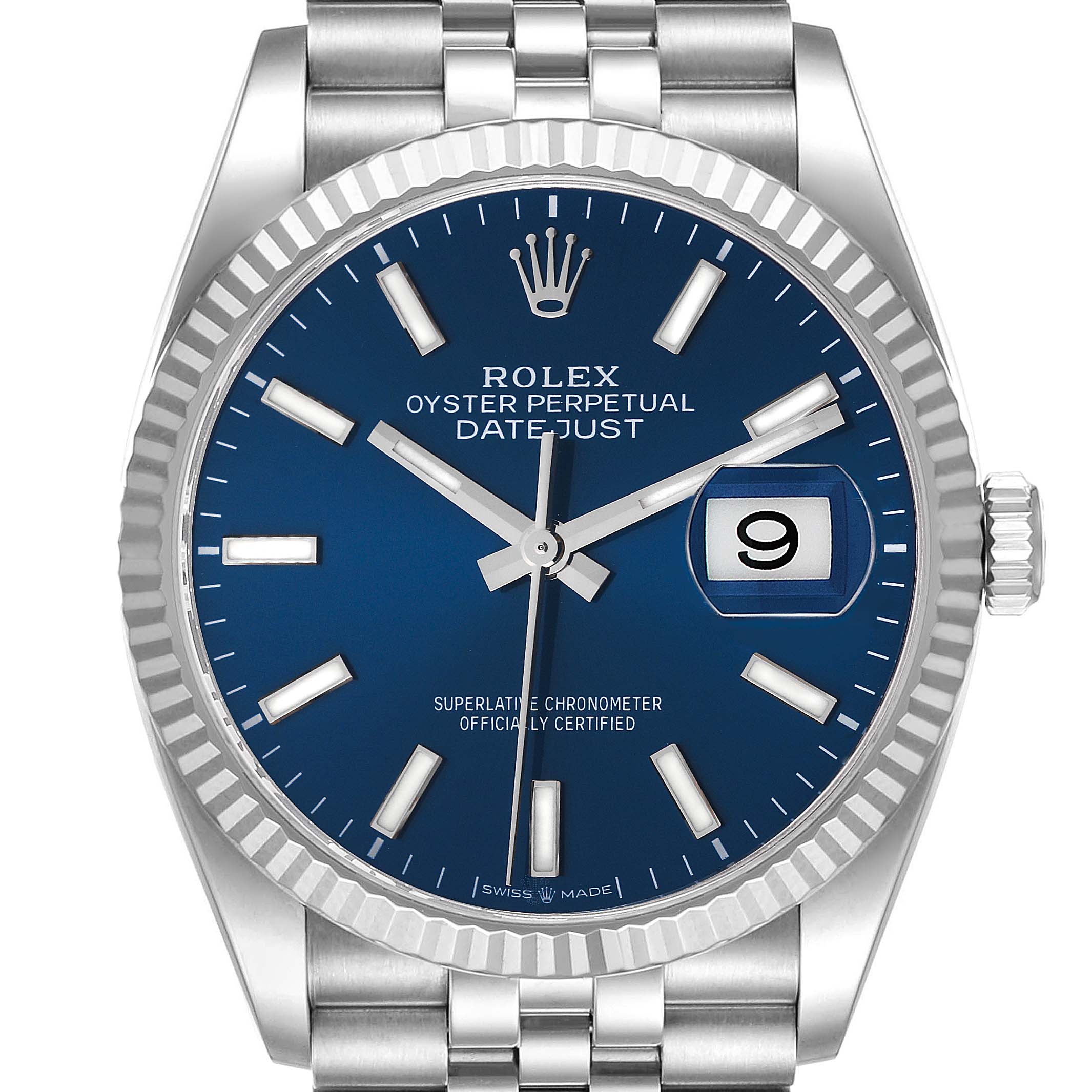 The image shows a front angle of a Rolex Datejust 46550 Men's Stainless Steel Blue Dial 46550 Men's Stainless Steel Blue Dial watch, highlighting its blue dial, fluted bezel, and jubilee bracelet.