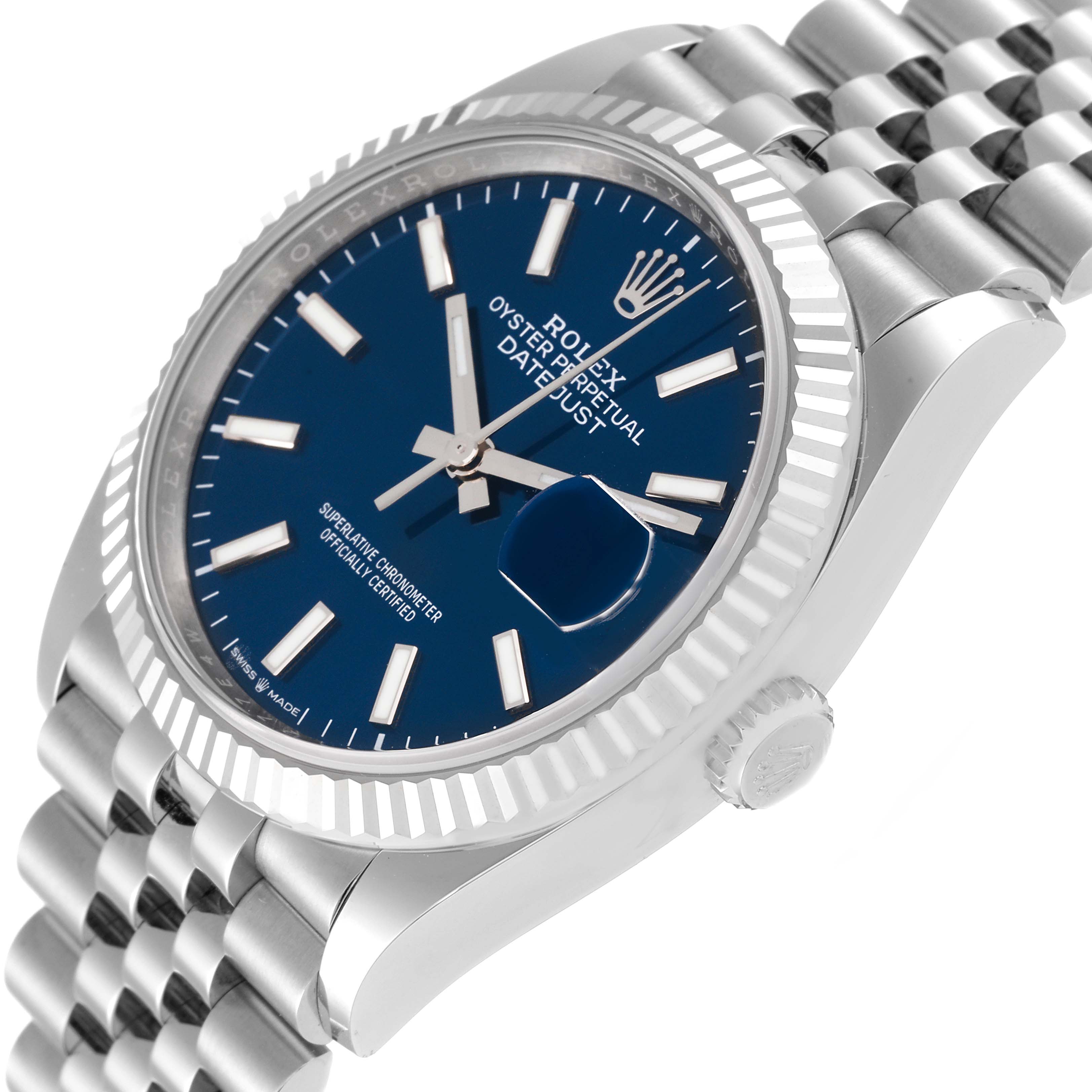 This image shows the Rolex Datejust 46550 Men's Stainless Steel Blue Dial 46550 Men's Stainless Steel Blue Dial watch from an angled side view, highlighting the blue dial, fluted bezel, and bracelet.