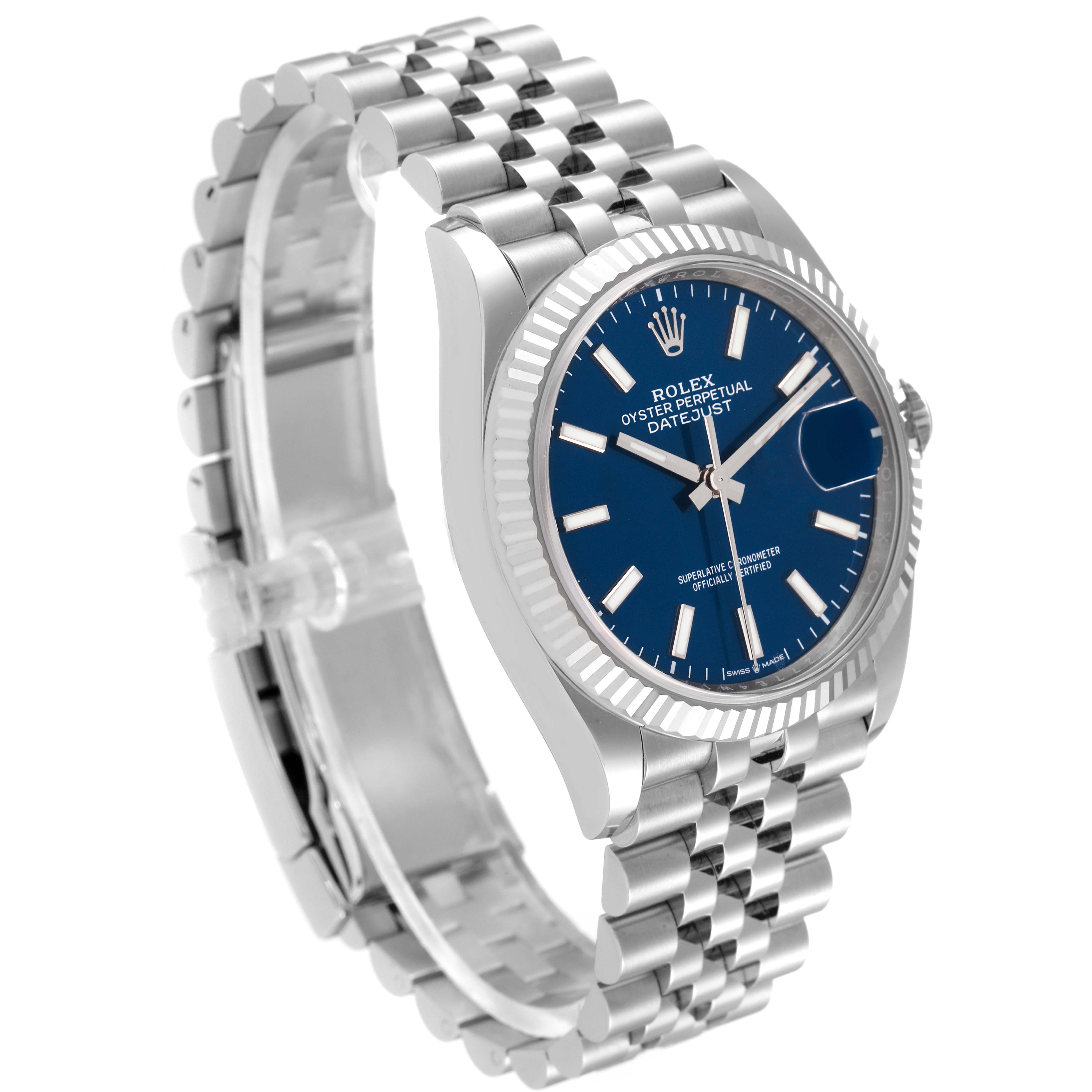 The Rolex Datejust 46550 Men's Stainless Steel Blue Dial 46550 Men's Stainless Steel Blue Dial watch is shown at a front angle, displaying its blue dial, stainless steel case, and Jubilee bracelet.