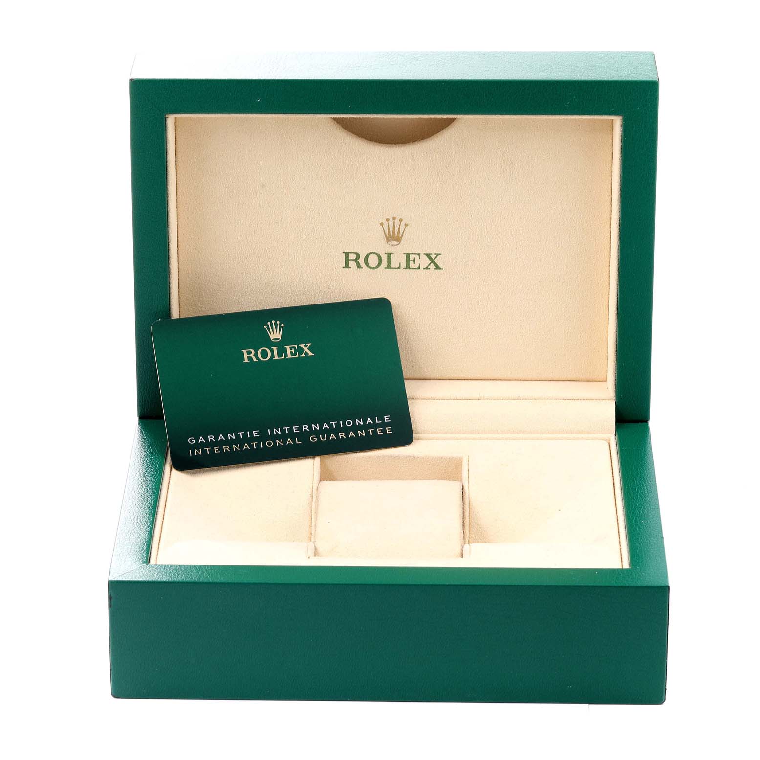 The image shows an open Rolex Datejust 46550 Men's Stainless Steel Blue Dial 46550 Men's Stainless Steel Blue Dial watch box and an international guarantee card.