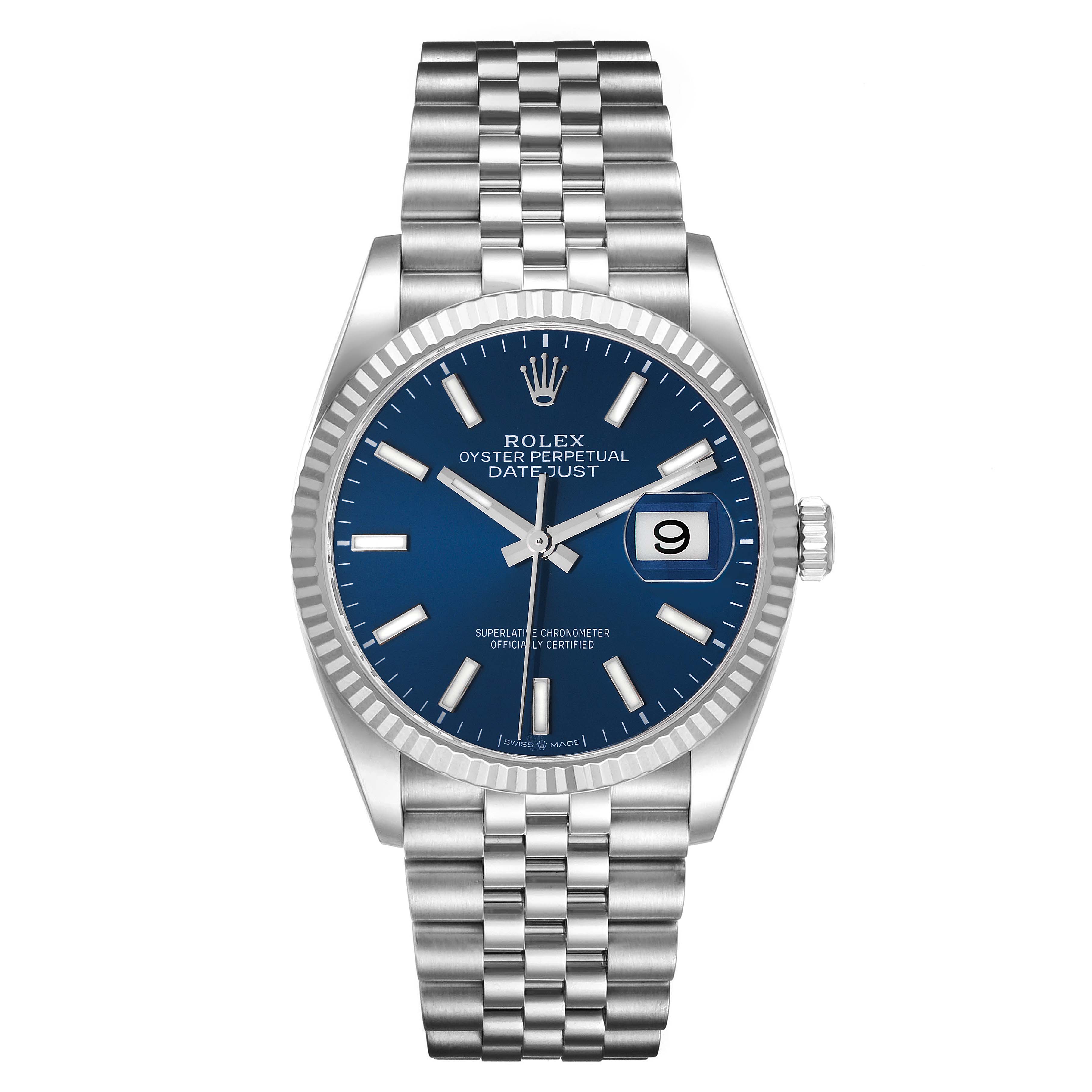 This image shows a Rolex Datejust 46550 Men's Stainless Steel Blue Dial 46550 Men's Stainless Steel Blue Dial watch from a top-down view, highlighting its blue dial, jubilee bracelet, and date window.