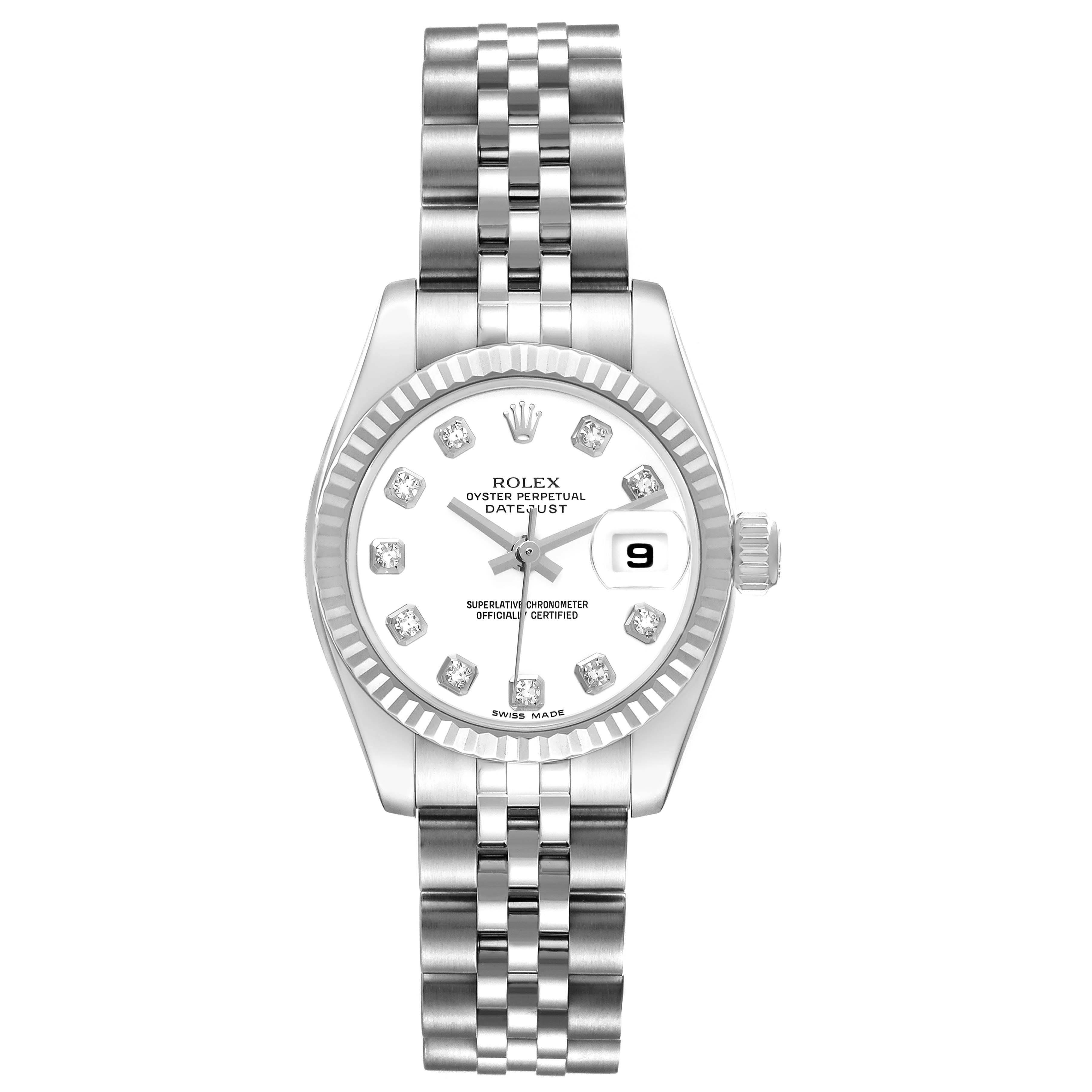 The image shows a front view of the Rolex Datejust 179174 Women
s Stainless Steel White Dial 179174 Women
s Stainless Steel White Dial model, highlighting its dial, bezel, bracelet, and date window.