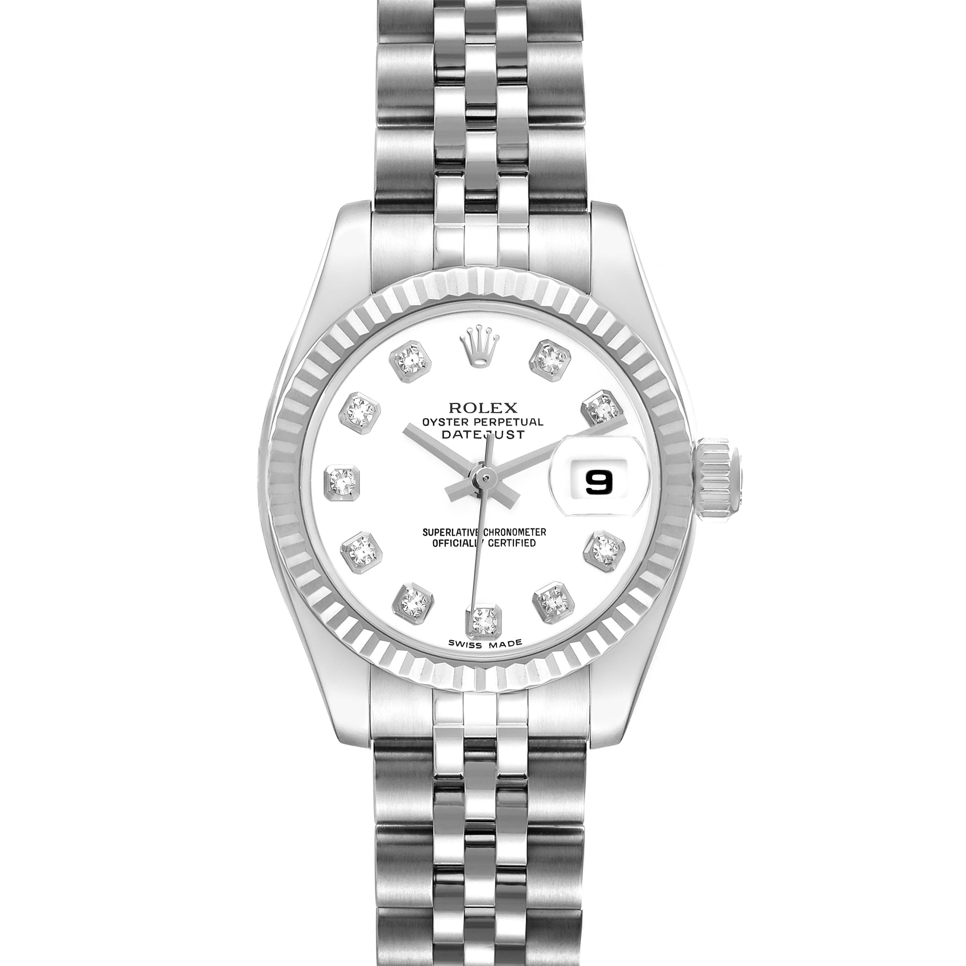 This image shows a front view of the Rolex Datejust 179174 Women
s Stainless Steel White Dial 179174 Women
s Stainless Steel White Dial watch, highlighting the dial, bezel, and bracelet.