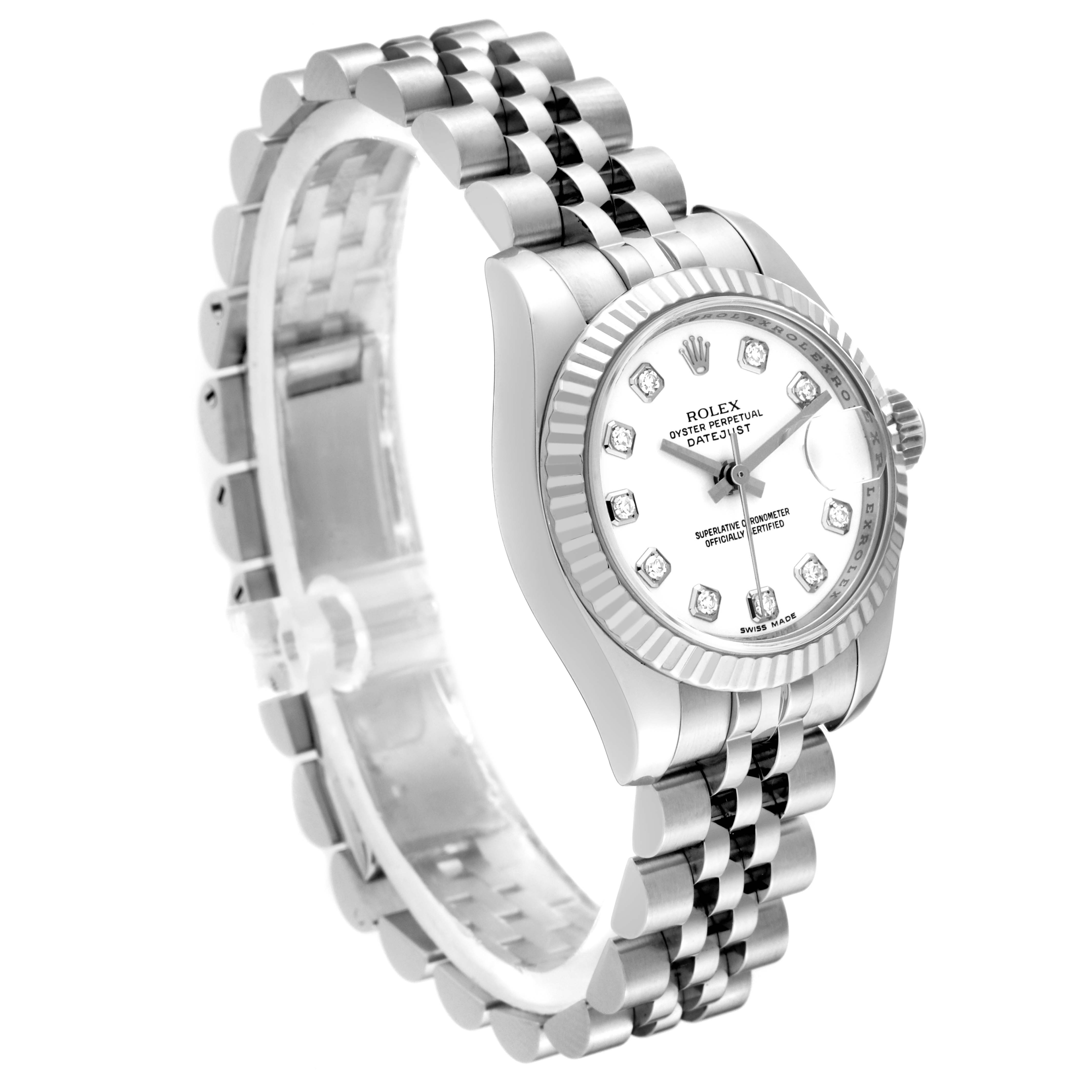 This image shows a Rolex Datejust 179174 Women
s Stainless Steel White Dial 179174 Women
s Stainless Steel White Dial watch at an angle highlighting the face, bezel, crown, and bracelet.