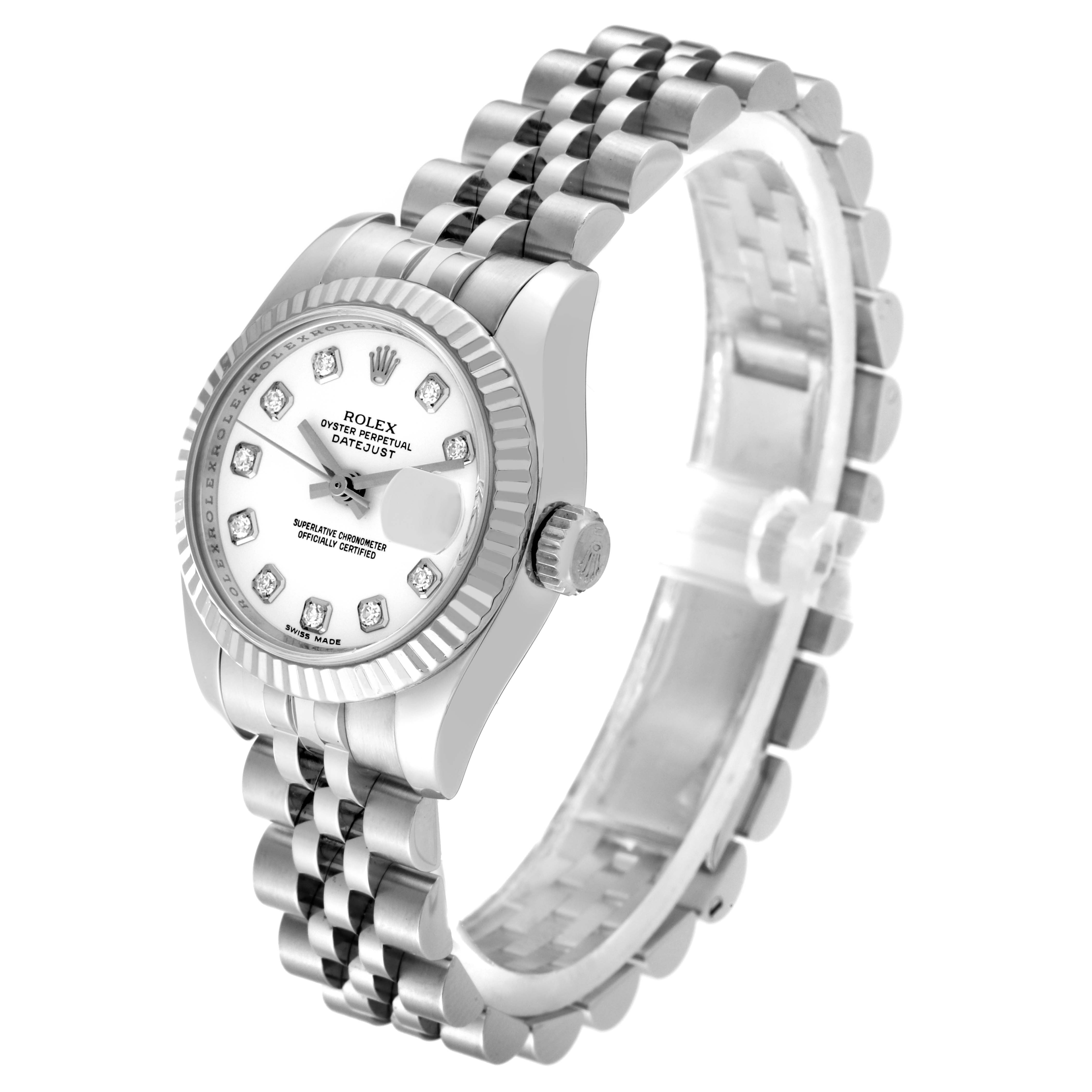 This image shows a side and partial top view of the Rolex Datejust 179174 Women
s Stainless Steel White Dial 179174 Women
s Stainless Steel White Dial watch, focusing on its face, bezel, and bracelet.