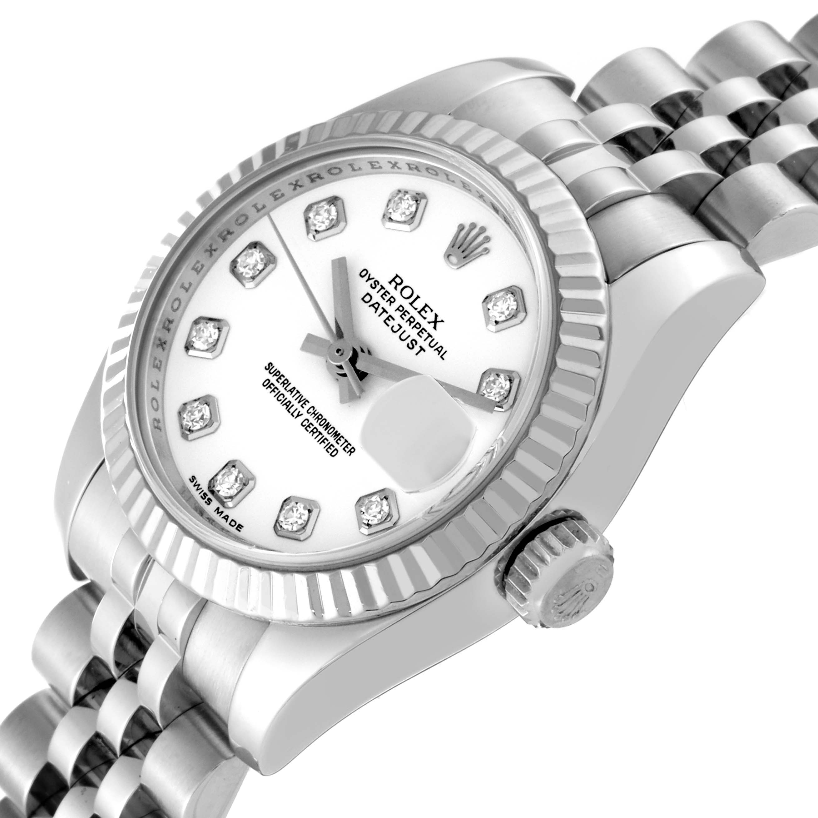 The image shows a close-up of the Rolex Datejust 179174 Women
s Stainless Steel White Dial 179174 Women
s Stainless Steel White Dial watch face, crown, and part of its Jubilee bracelet at a slight angle.