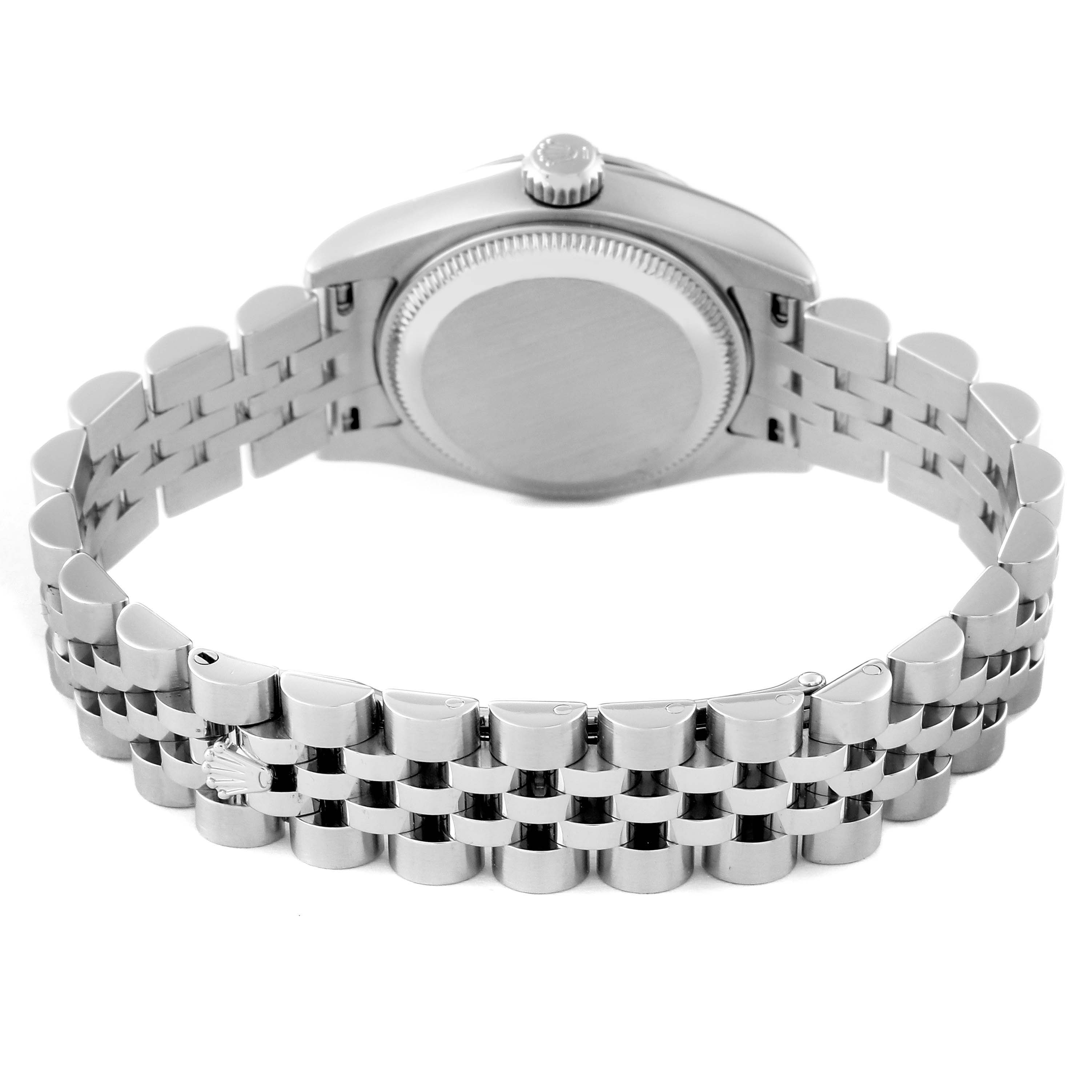 This image shows the back view of a Rolex Datejust 179174 Women
s Stainless Steel White Dial 179174 Women
s Stainless Steel White Dial watch, highlighting the case back and the metal bracelet with the clasp.