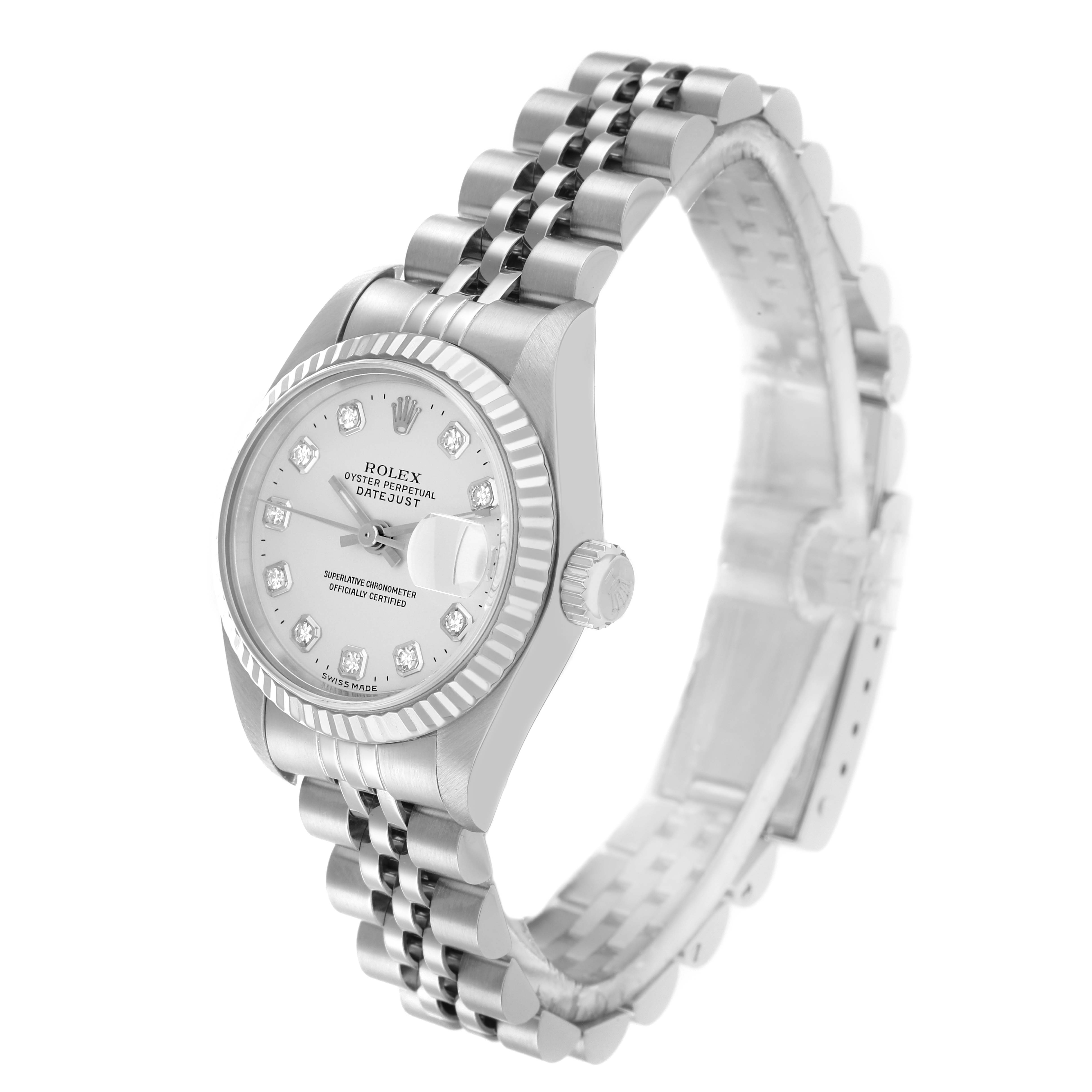 The Rolex Datejust 79174 Women's Steel and Gold (two tone) Silver Dial watch is shown at a slight angle, highlighting the dial, fluted bezel, crown, and Jubilee bracelet.