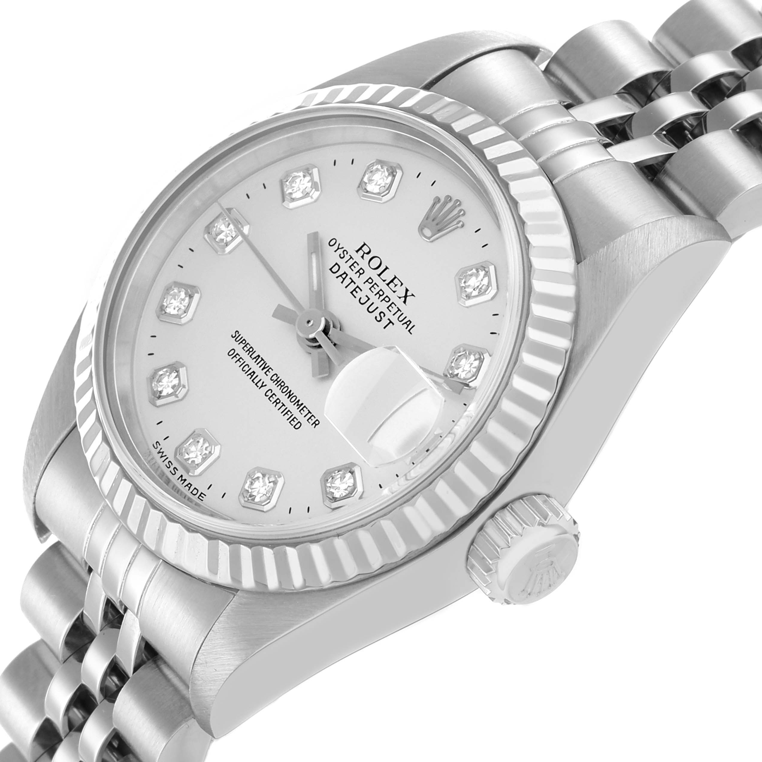 The Rolex Datejust 79174 Women's Steel and Gold (two tone) Silver Dial watch is shown at a slight angle, highlighting the face, bezel, crown, and part of the bracelet.