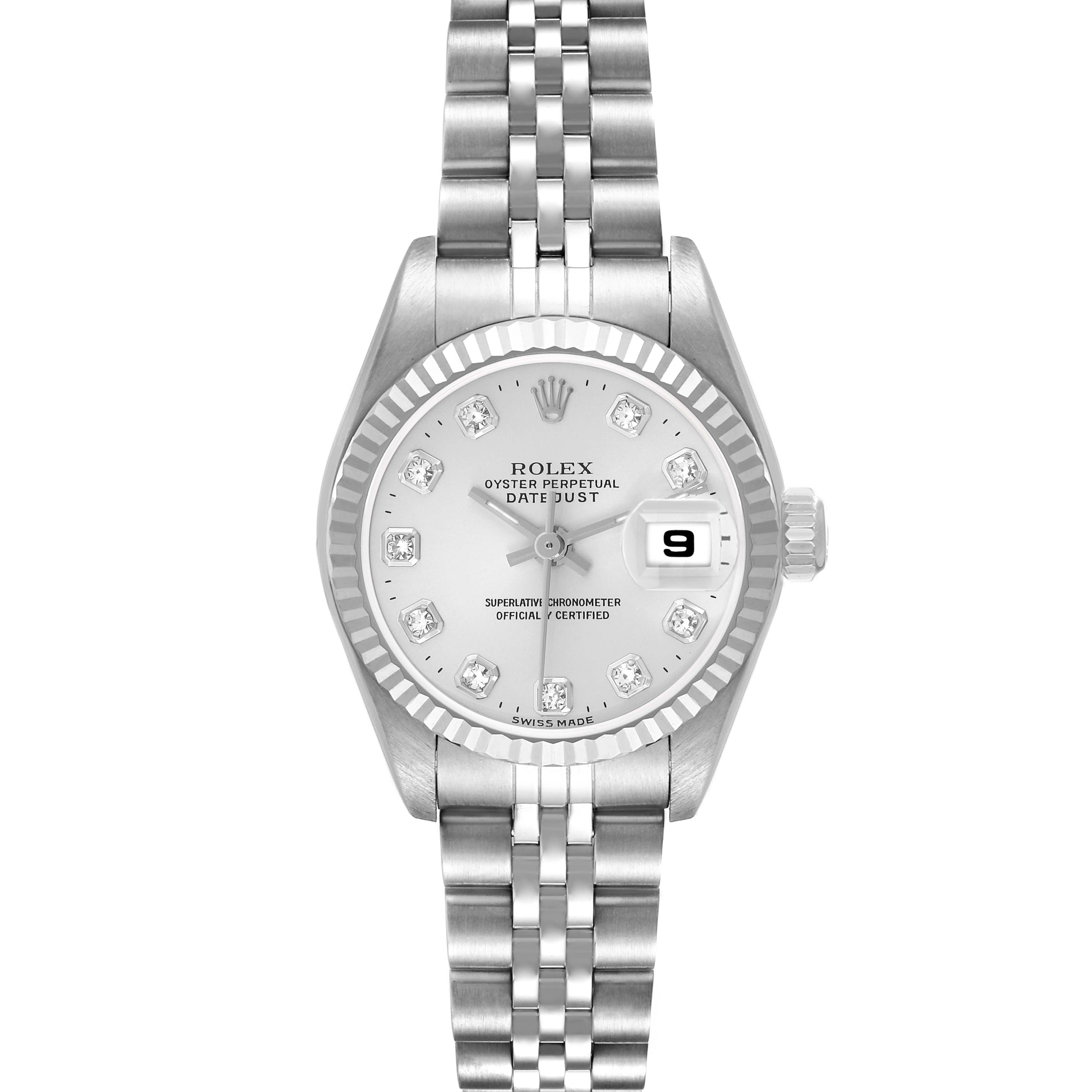The Rolex Datejust 79174 Women's Steel and Gold (two tone) Silver Dial watch is shown from a top-down angle, displaying the face, bezel, and bracelet.