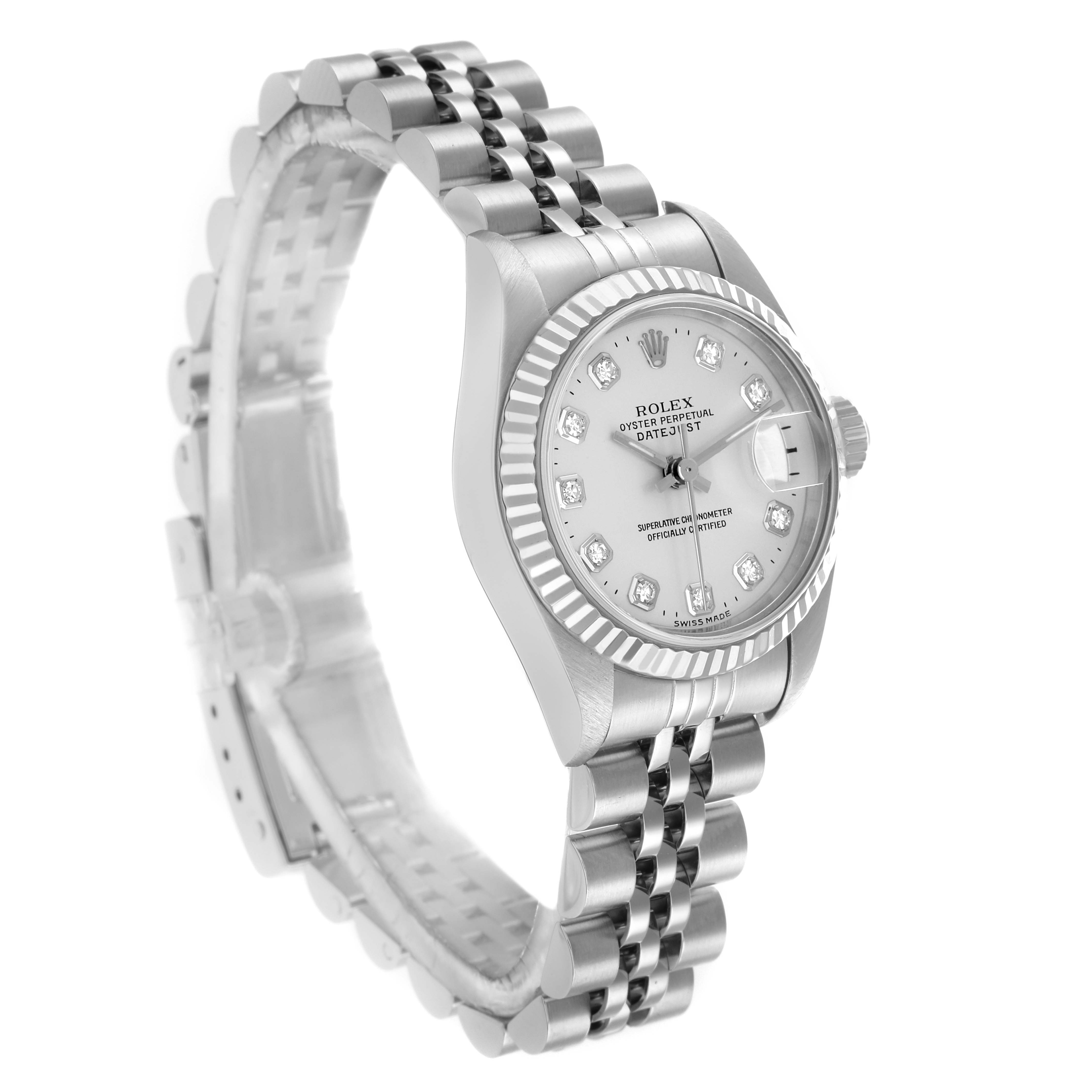 The Rolex Datejust 79174 Women's Steel and Gold (two tone) Silver Dial watch is shown at an angled side view, featuring the dial, bezel, crown, and part of the bracelet.