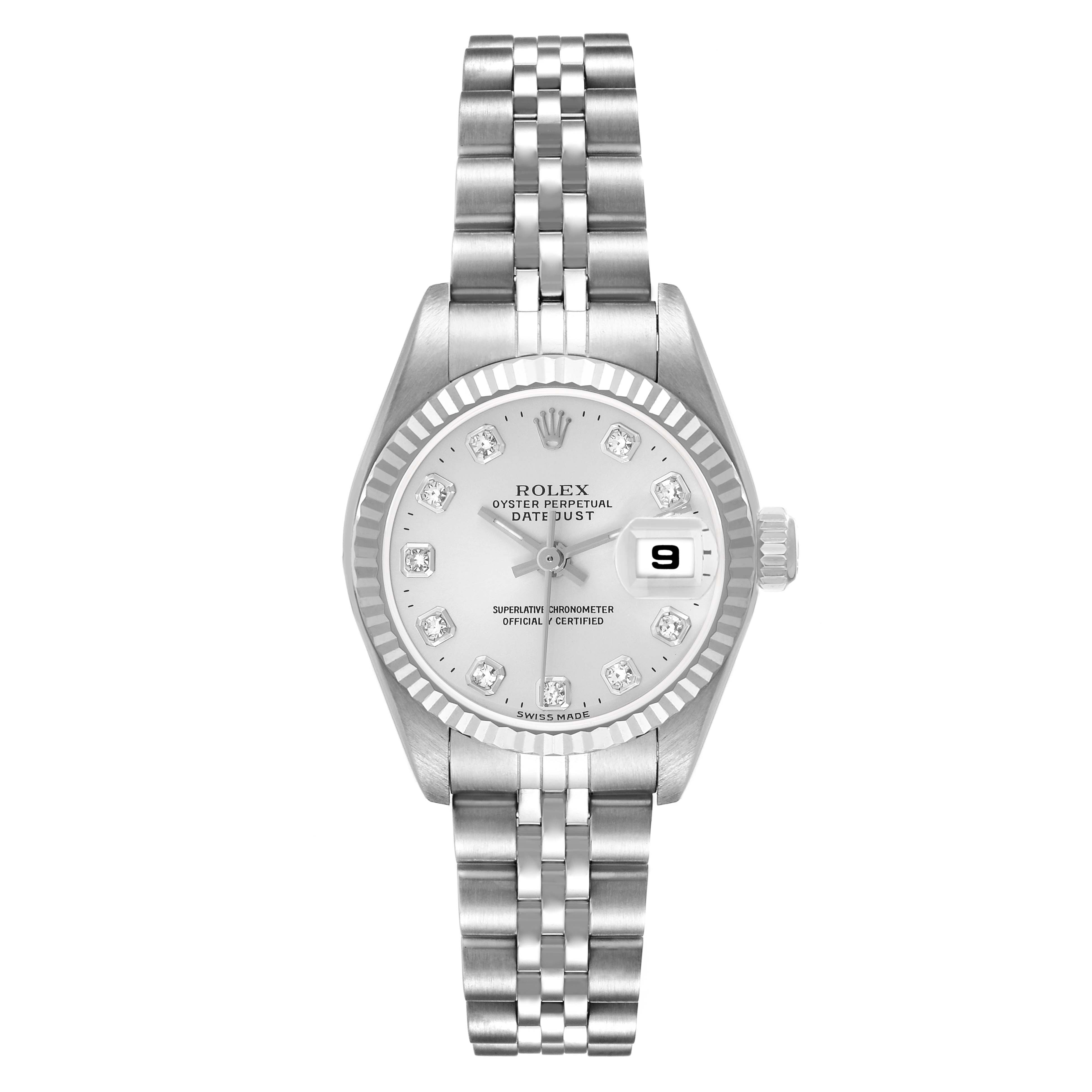 The Rolex Datejust 79174 Women's Steel and Gold (two tone) Silver Dial watch is shown from a top-down angle, displaying its face, bezel, bracelet, and crown.