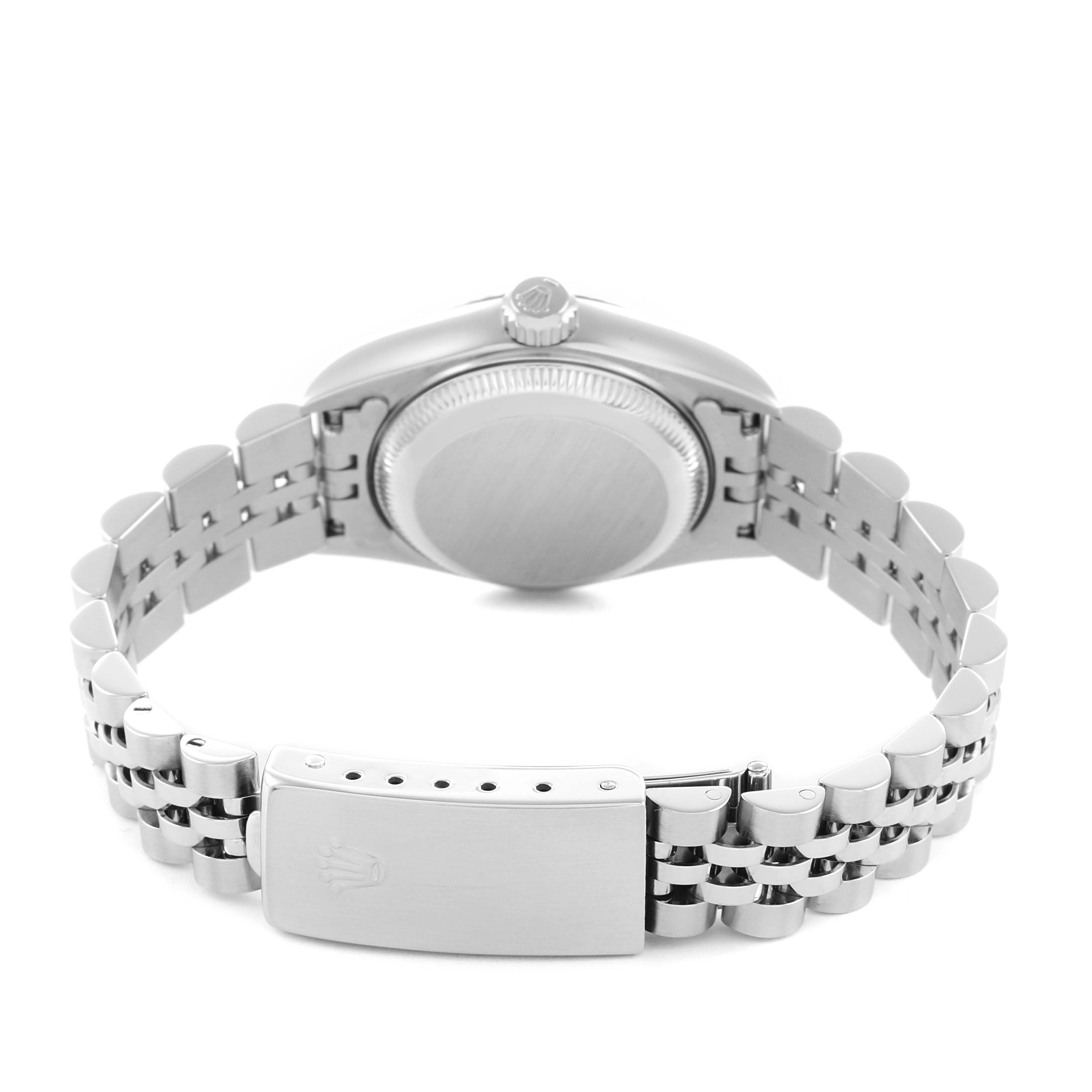 The Rolex Datejust 79174 Women's Steel and Gold (two tone) Silver Dial is shown from the back, highlighting the case back, crown, and the full Jubilee bracelet with clasp.