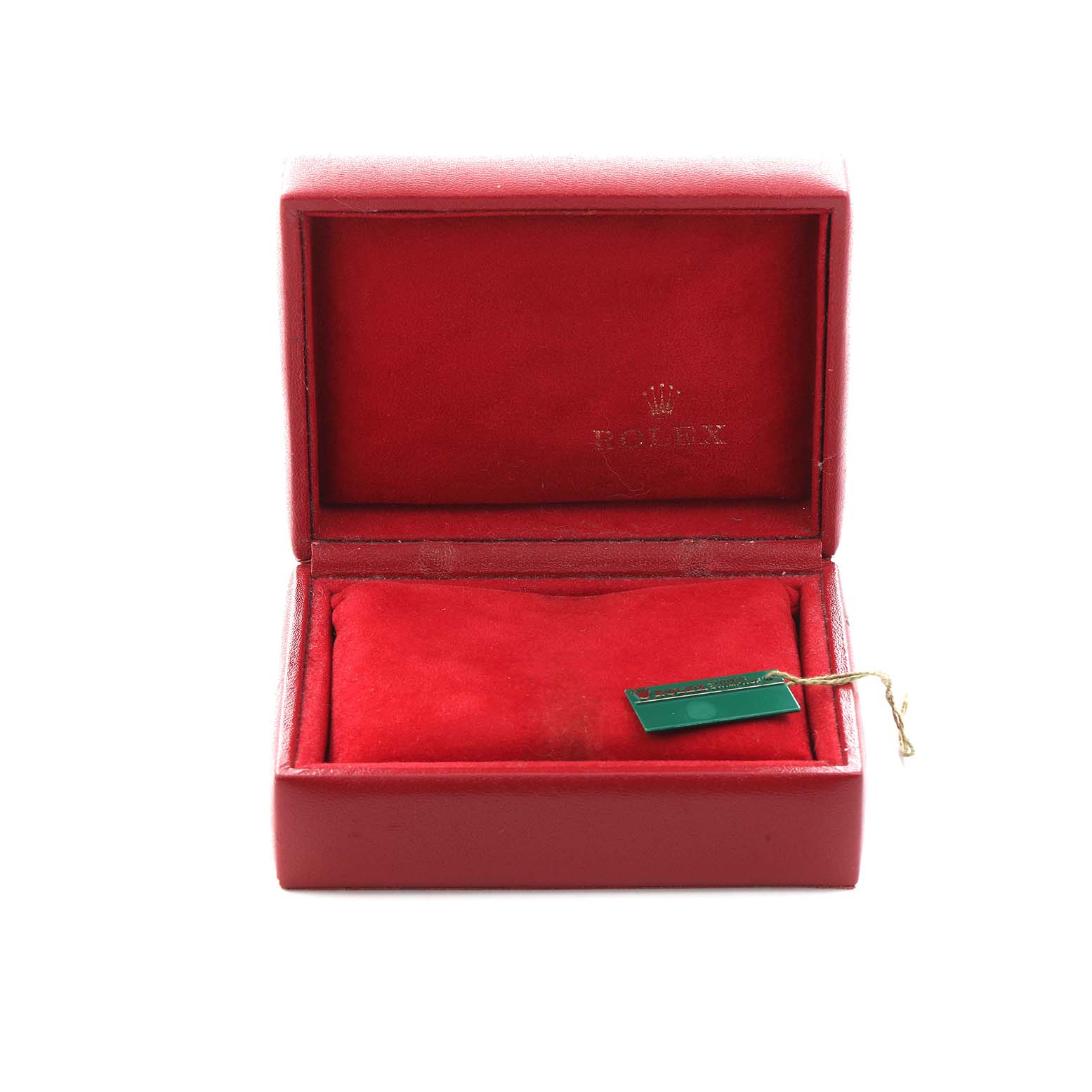 The image shows an open Rolex watch box for the Datejust model, displaying its red interior and a green tag.