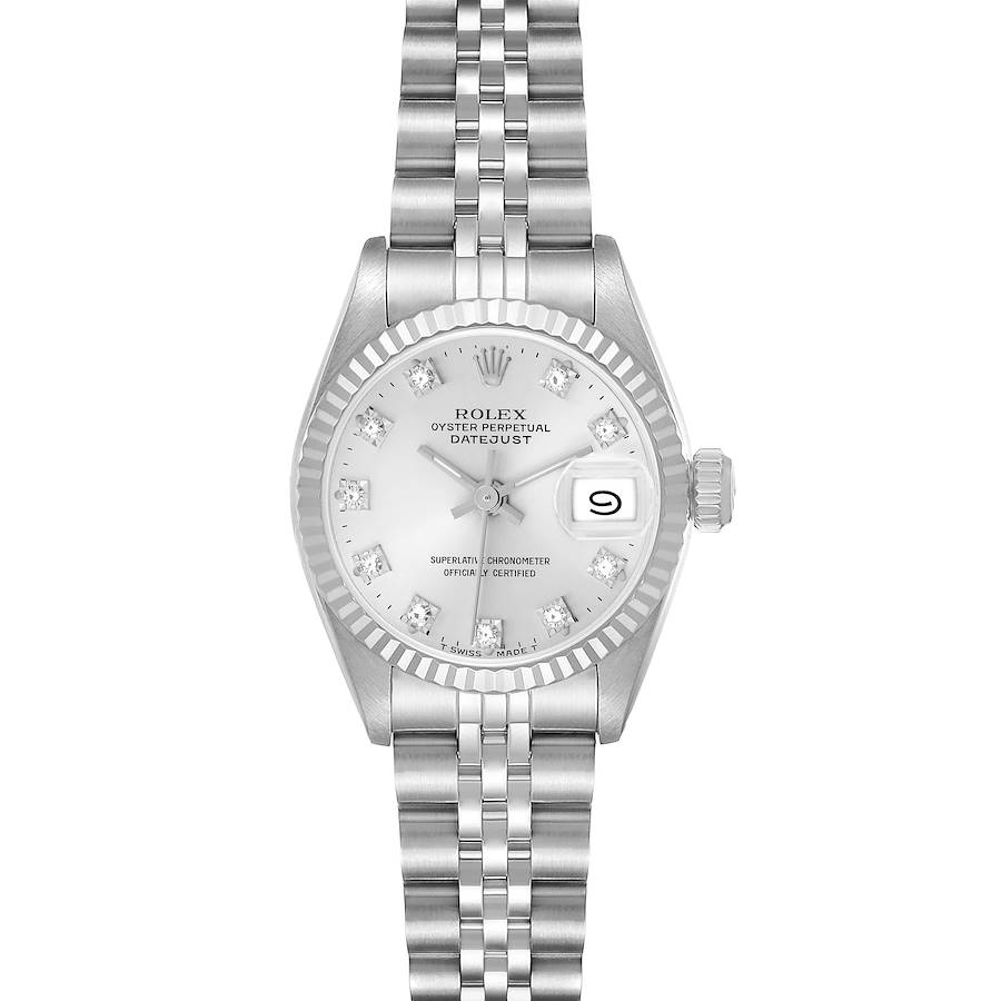 The Rolex Datejust 69174 Women's Stainless Steel Silver Dial watch is shown from a front view, highlighting the dial, bezel, bracelet, and date feature with a white face.
