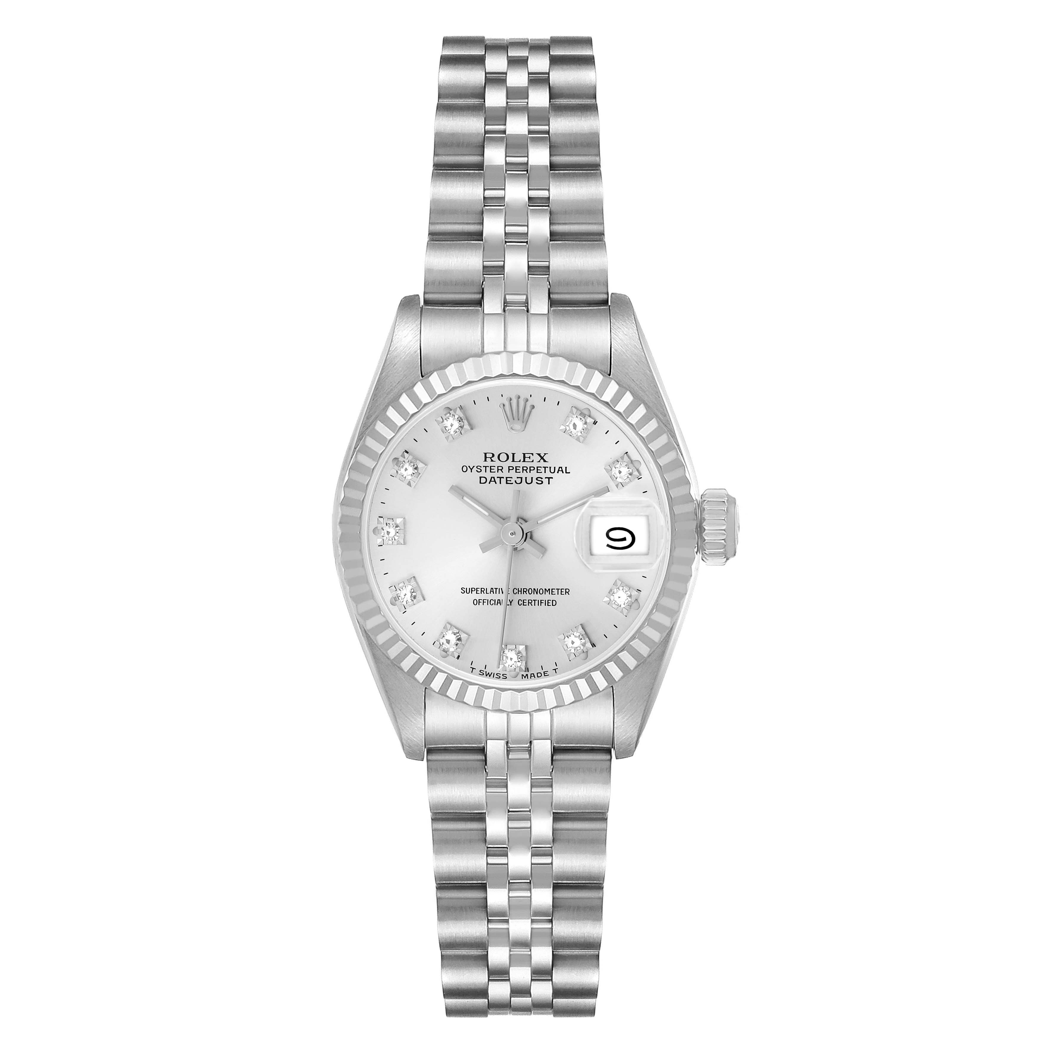 The Rolex Datejust 69174 Women's Stainless Steel Silver Dial watch is shown from the front, displaying the face, bezel, crown, and full bracelet.