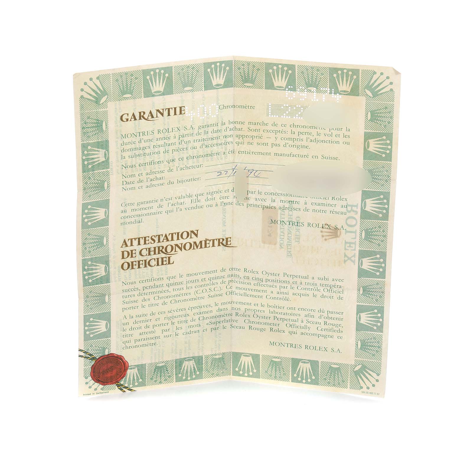 The image shows an unfolded warranty certificate for a Rolex Datejust 69174 Women's Stainless Steel Silver Dial, with visible text and logos.