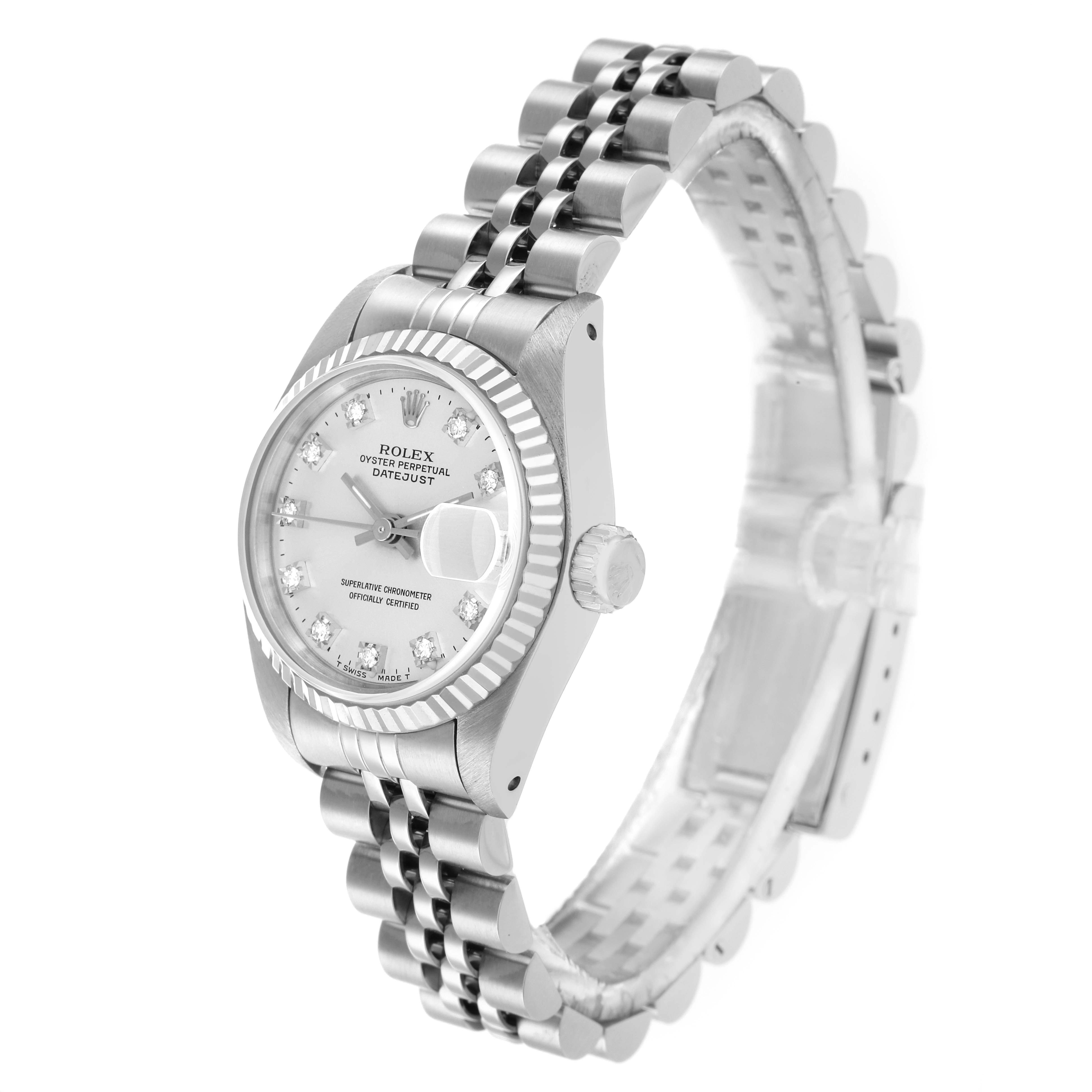 The Rolex Datejust 69174 Women's Stainless Steel Silver Dial watch is shown at a slight angle, highlighting the face, crown, and part of the bracelet.