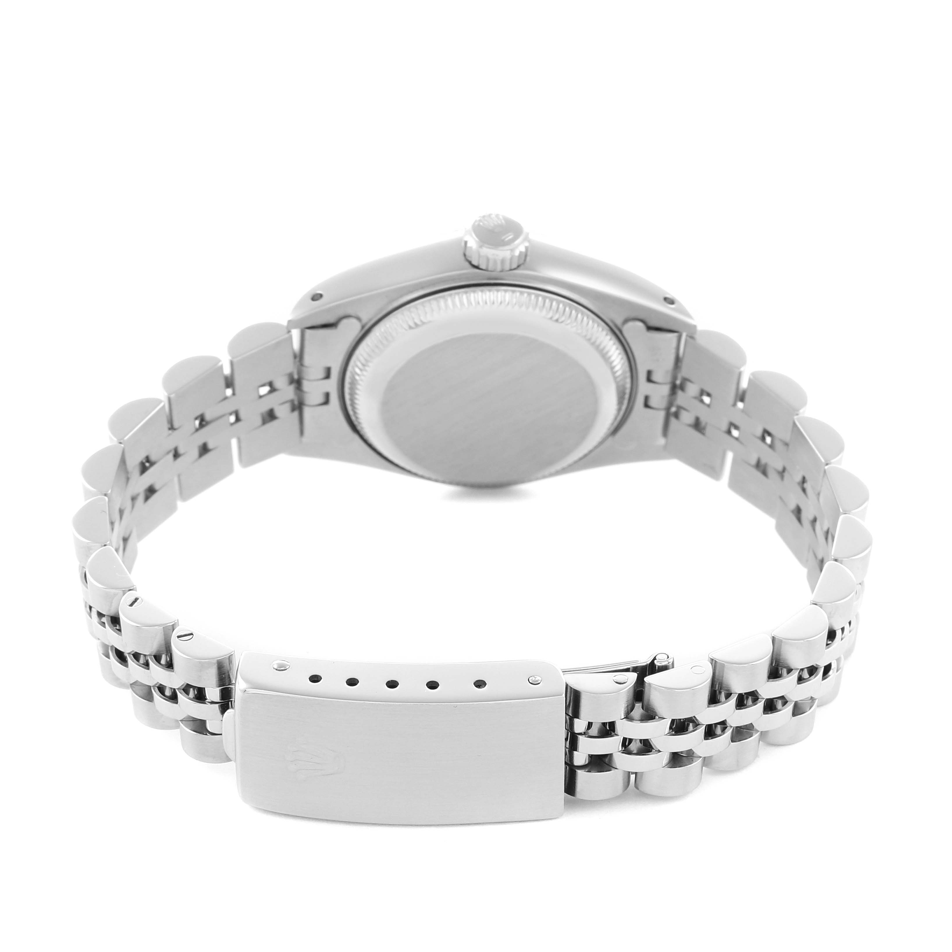 This image shows the back view of a Rolex Datejust 69174 Women's Stainless Steel Silver Dial, highlighting the clasp and bracelet.