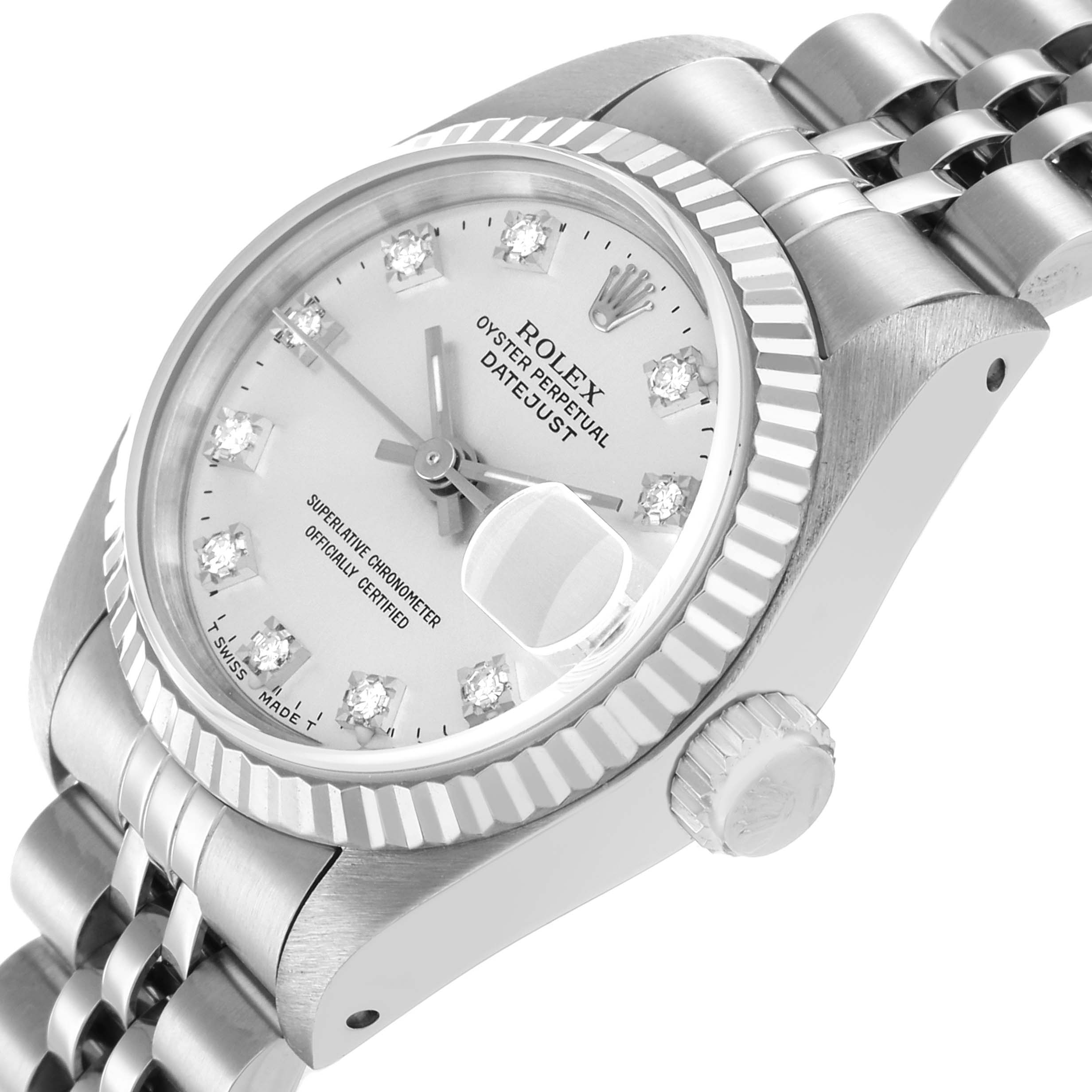 The Rolex Datejust 69174 Women's Stainless Steel Silver Dial watch is shown at an angled side view, highlighting the fluted bezel, dial with diamond markers, and crown.