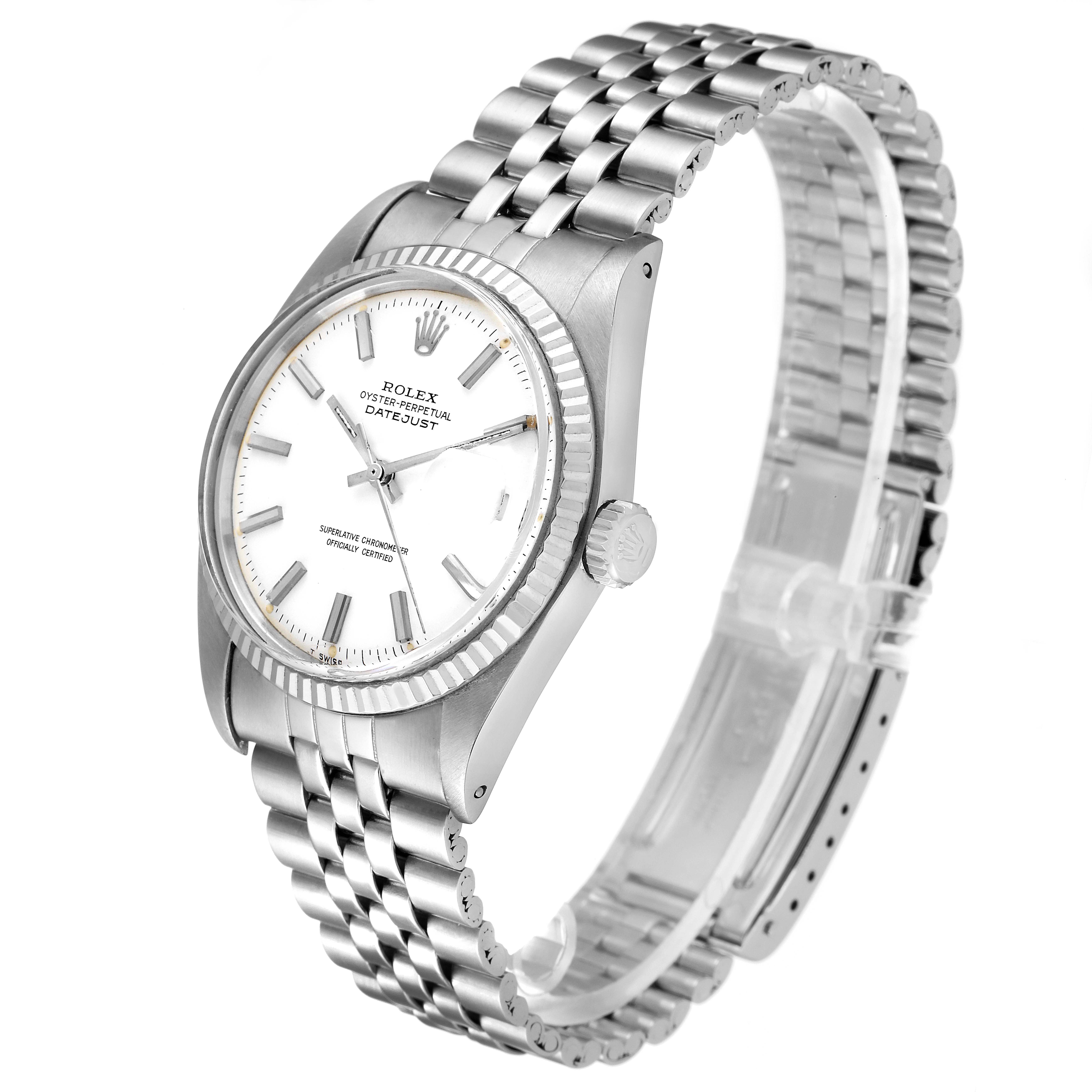 The image shows a side angle of the Rolex Vintage Collection 1601 Men
s Stainless Steel White Dial 1601 Men
s Stainless Steel White Dial model, displaying the dial, bezel, crown, and bracelet.