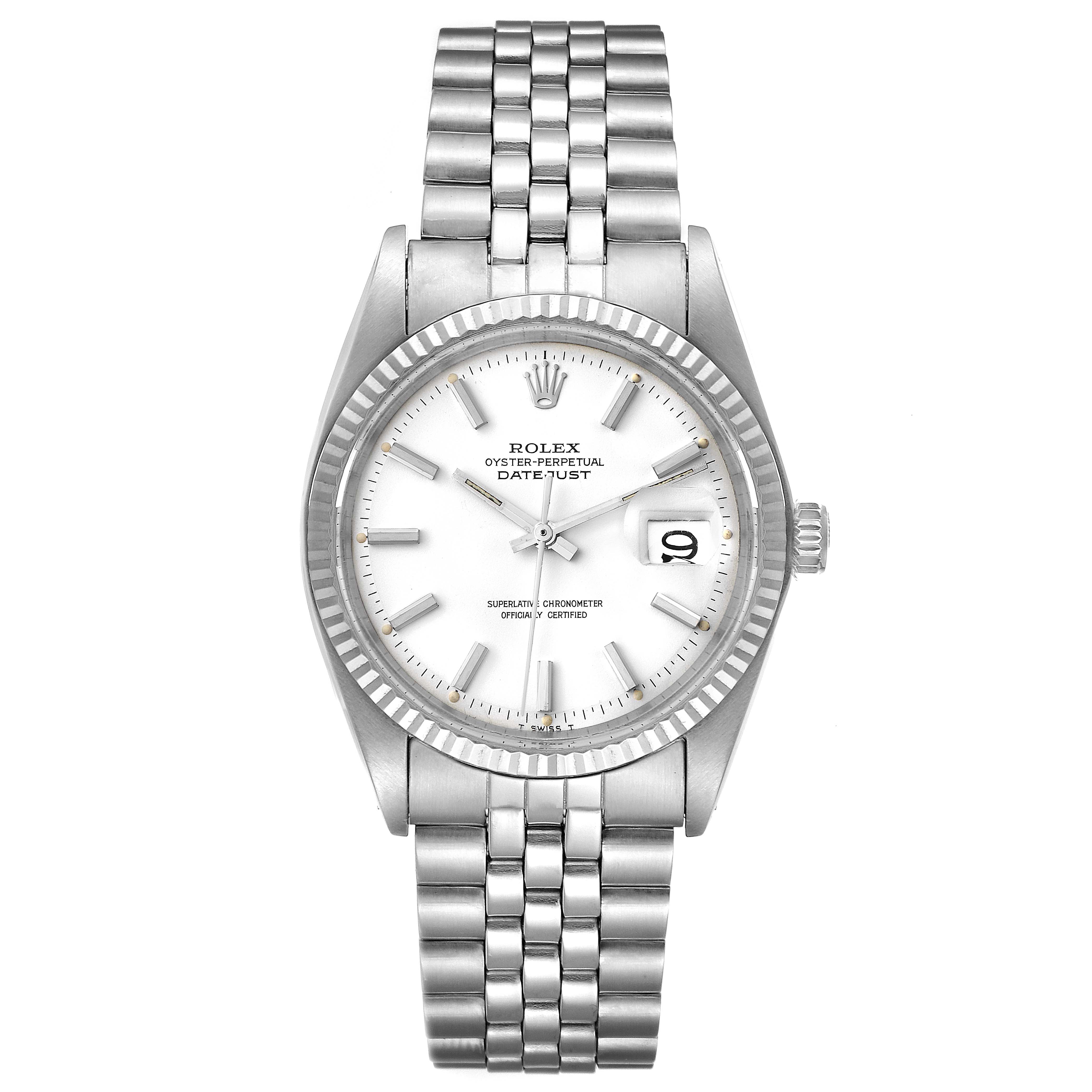 The image shows a front view of the Rolex Vintage Collection 1601 Men
s Stainless Steel White Dial 1601 Men
s Stainless Steel White Dial Datejust watch, displaying its face, bezel, and stainless steel bracelet.