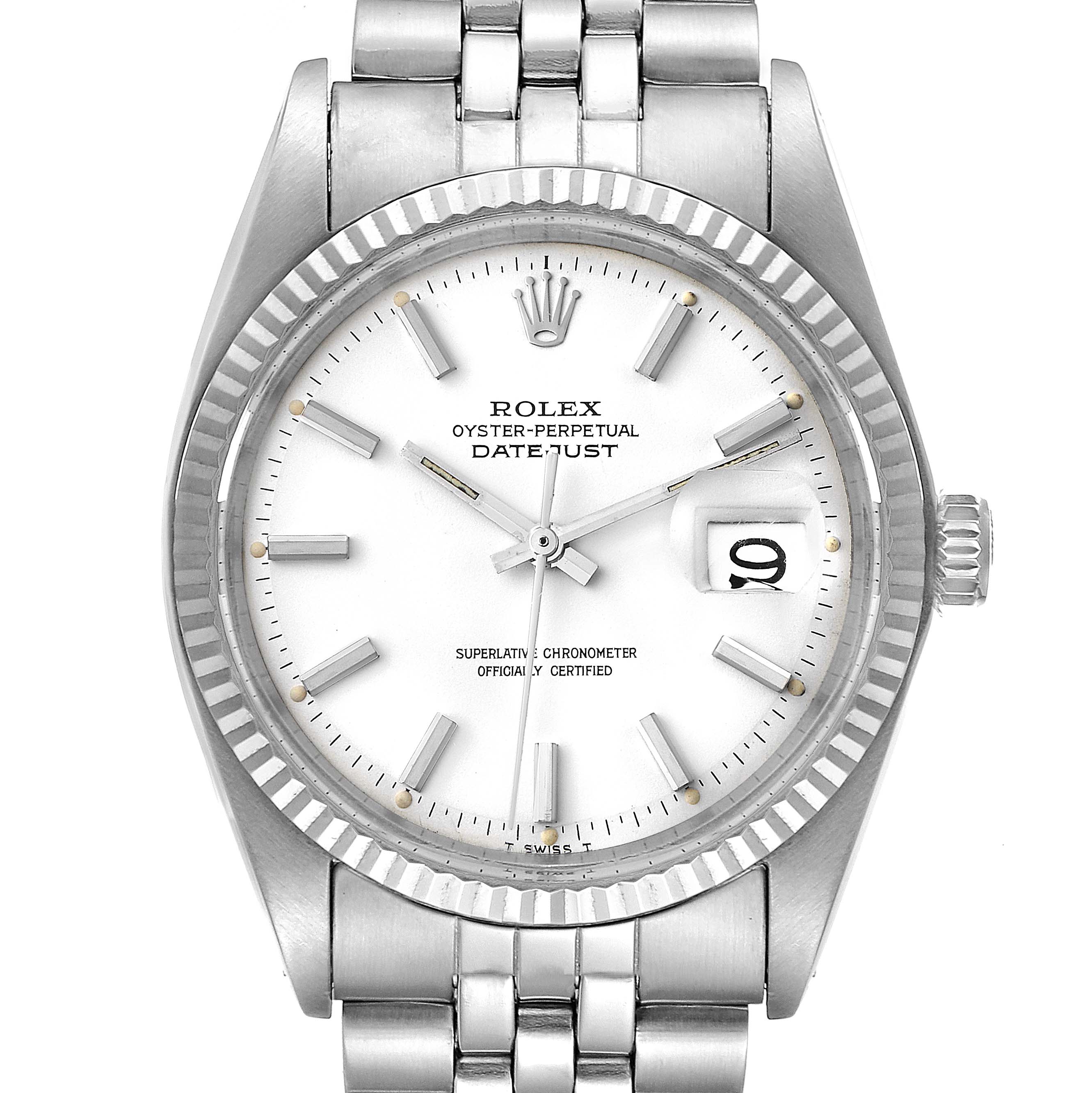 The image shows a front view of the Rolex Vintage Collection 1601 Men
s Stainless Steel White Dial 1601 Men
s Stainless Steel White Dial Datejust watch, highlighting its dial, hands, date window, and bracelet.