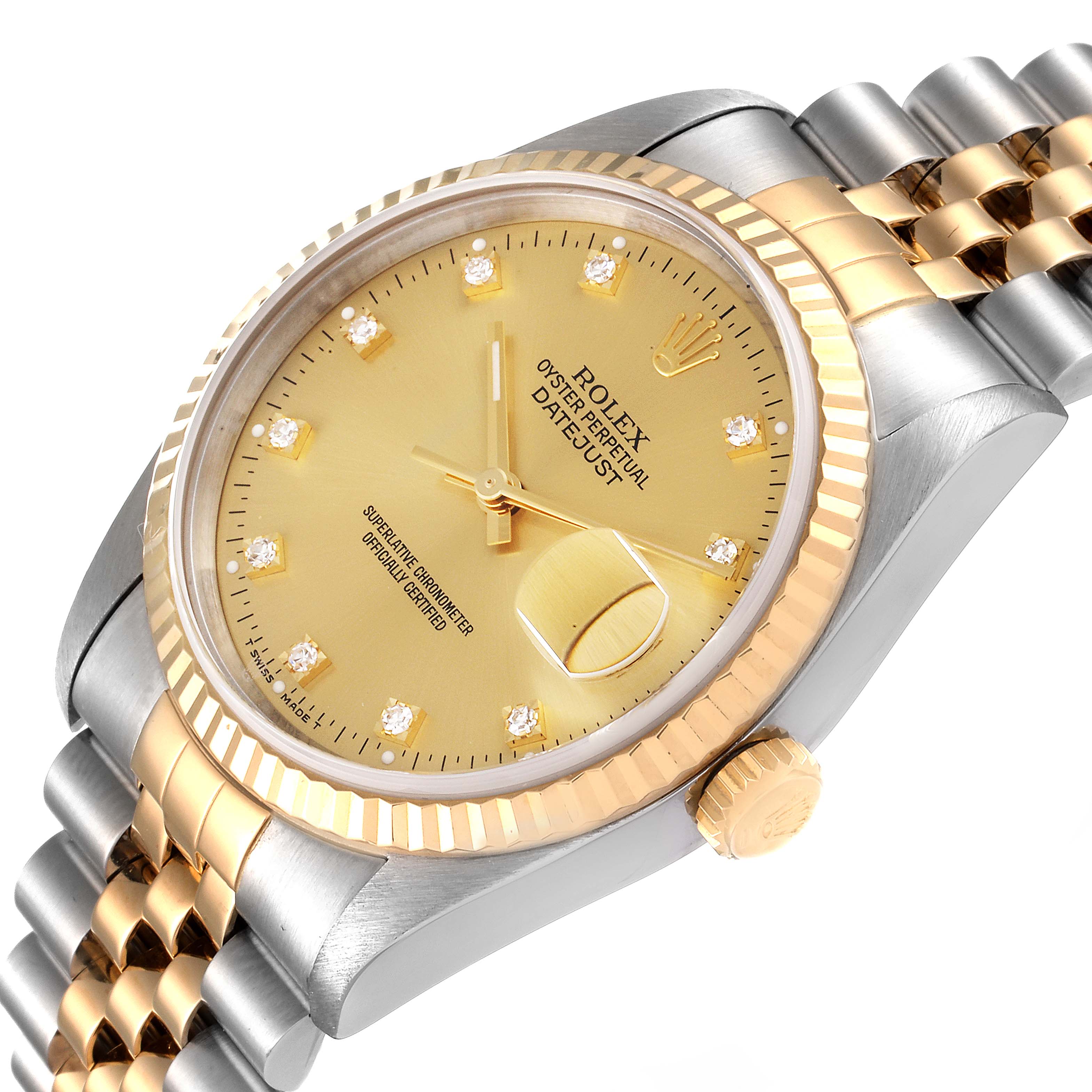 The image shows a close-up, angled view of the face and bracelet of a Rolex Datejust 16233 Men's Steel and Gold (two tone) Champagne Dial 16233 Men's Steel and Gold (two tone) Champagne Dial watch.