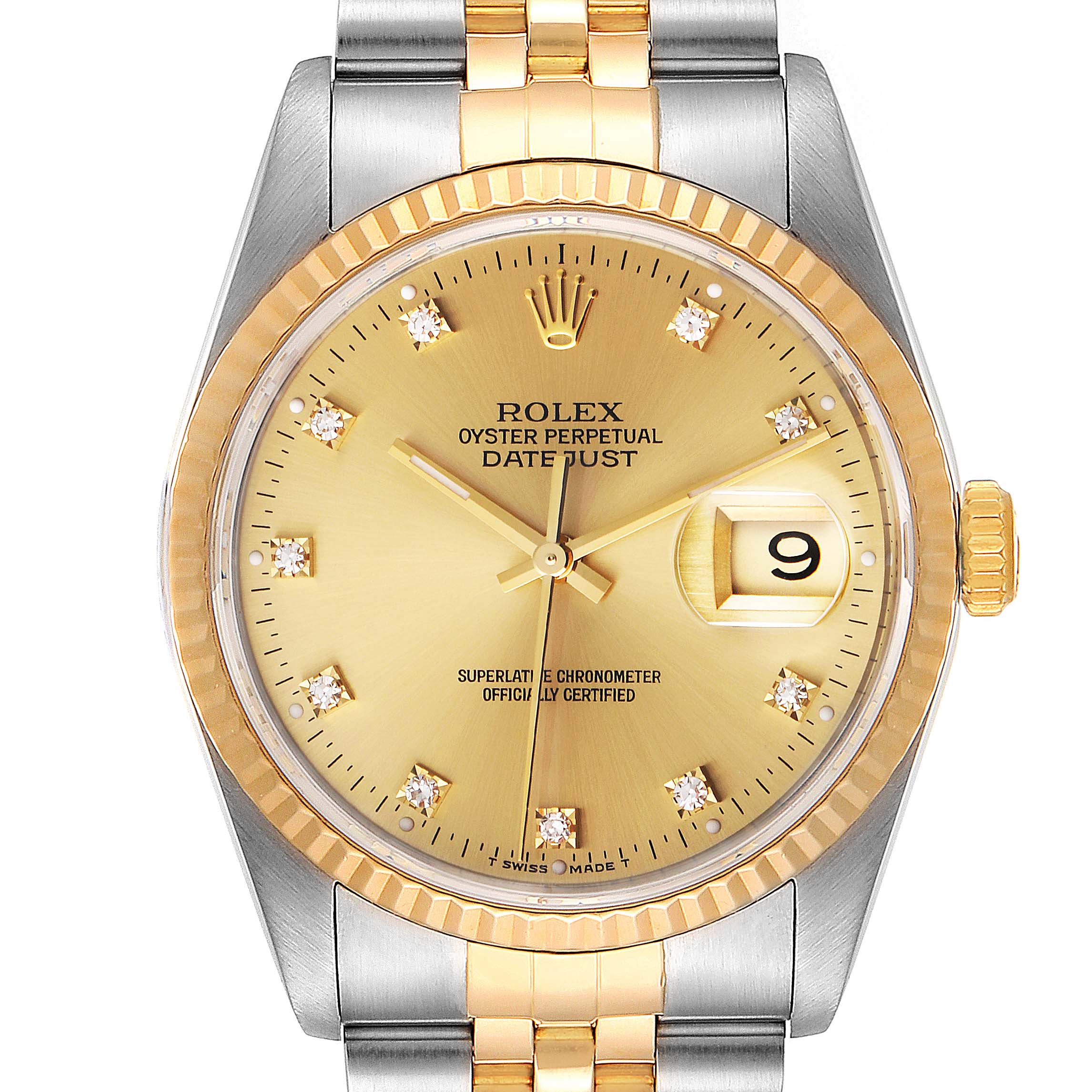 This is a close-up view of the Rolex Datejust 16233 Men's Steel and Gold (two tone) Champagne Dial 16233 Men's Steel and Gold (two tone) Champagne Dial watch, showing its gold dial, fluted bezel, and cyclops date window.