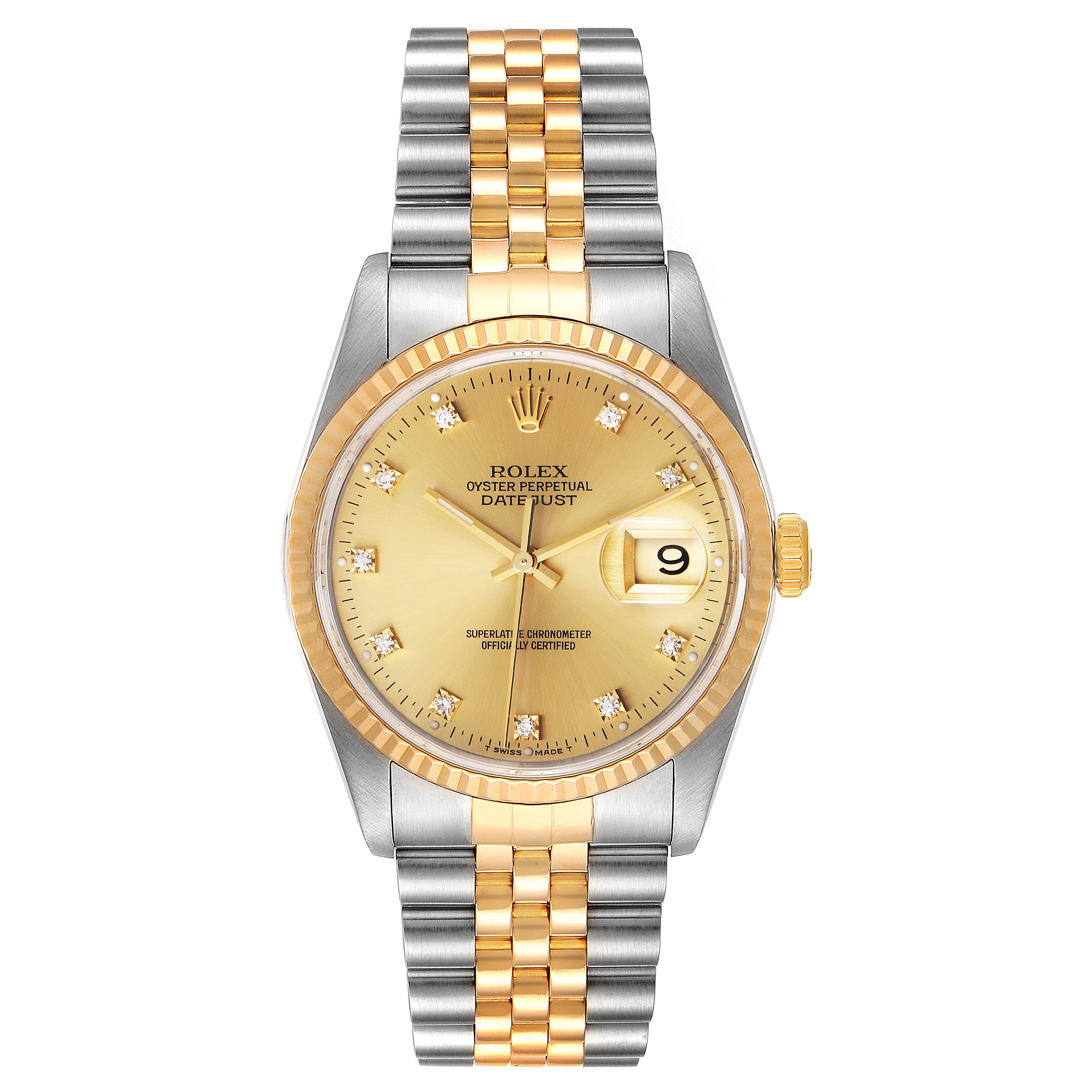 This image shows the front view of a Rolex Datejust 16233 Men's Steel and Gold (two tone) Champagne Dial 16233 Men's Steel and Gold (two tone) Champagne Dial watch, highlighting its two-tone bracelet, gold dial, and date window.