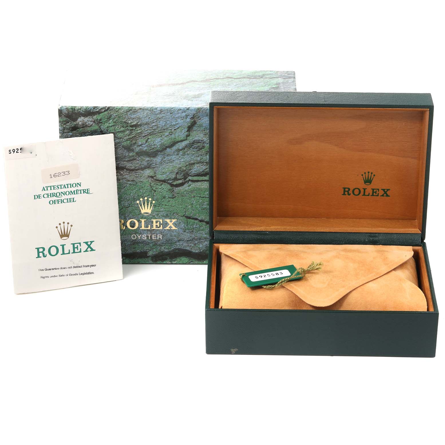 The image shows the packaging and papers for a Rolex Datejust 16233 Men's Steel and Gold (two tone) Champagne Dial 16233 Men's Steel and Gold (two tone) Champagne Dial watch, including the outer and inner boxes, and a certificate.