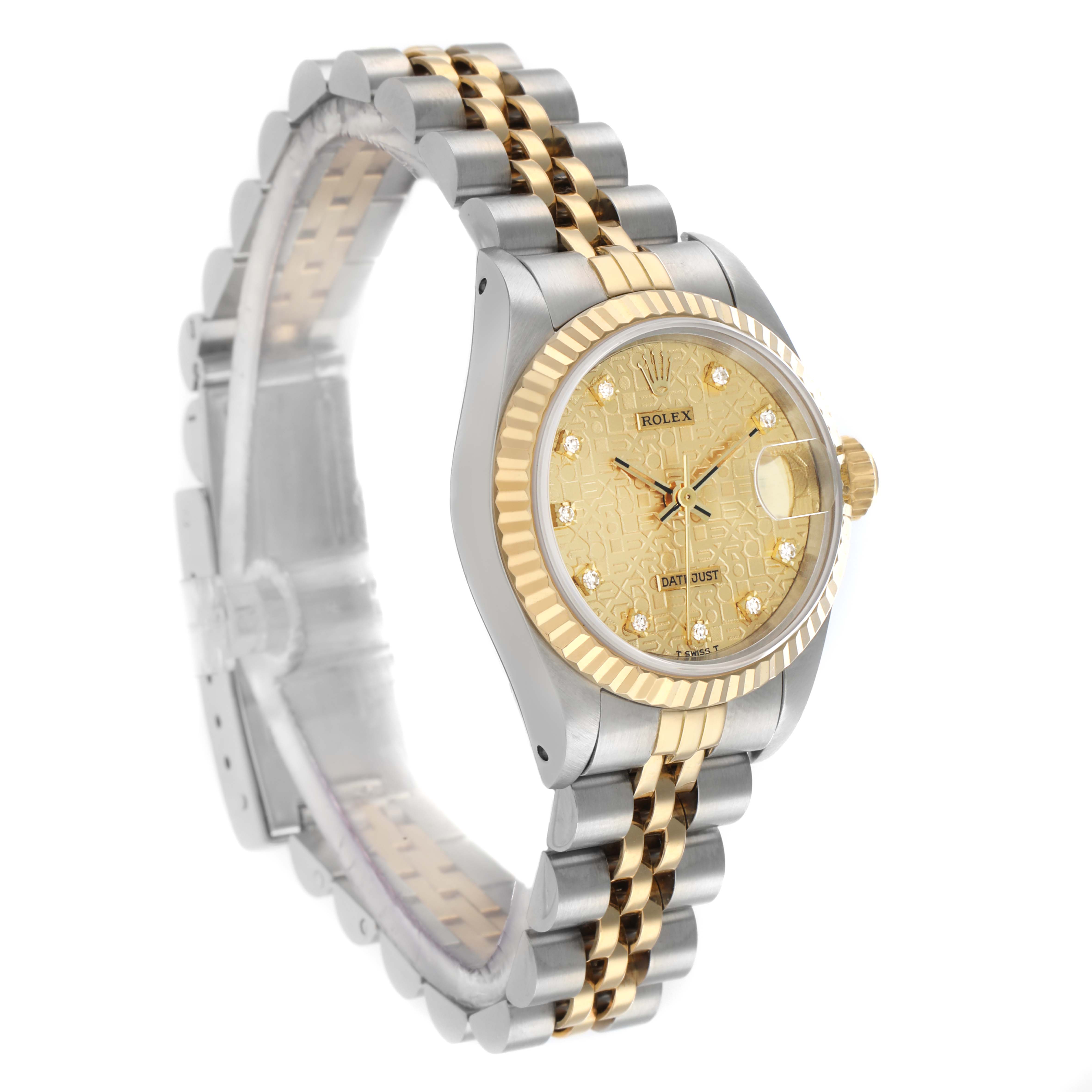 The Rolex Datejust 69173 Women
s Steel and Gold (two tone) Champagne Dial watch is shown at a side angle, highlighting its gold and silver bracelet, bezel, and intricate dial.