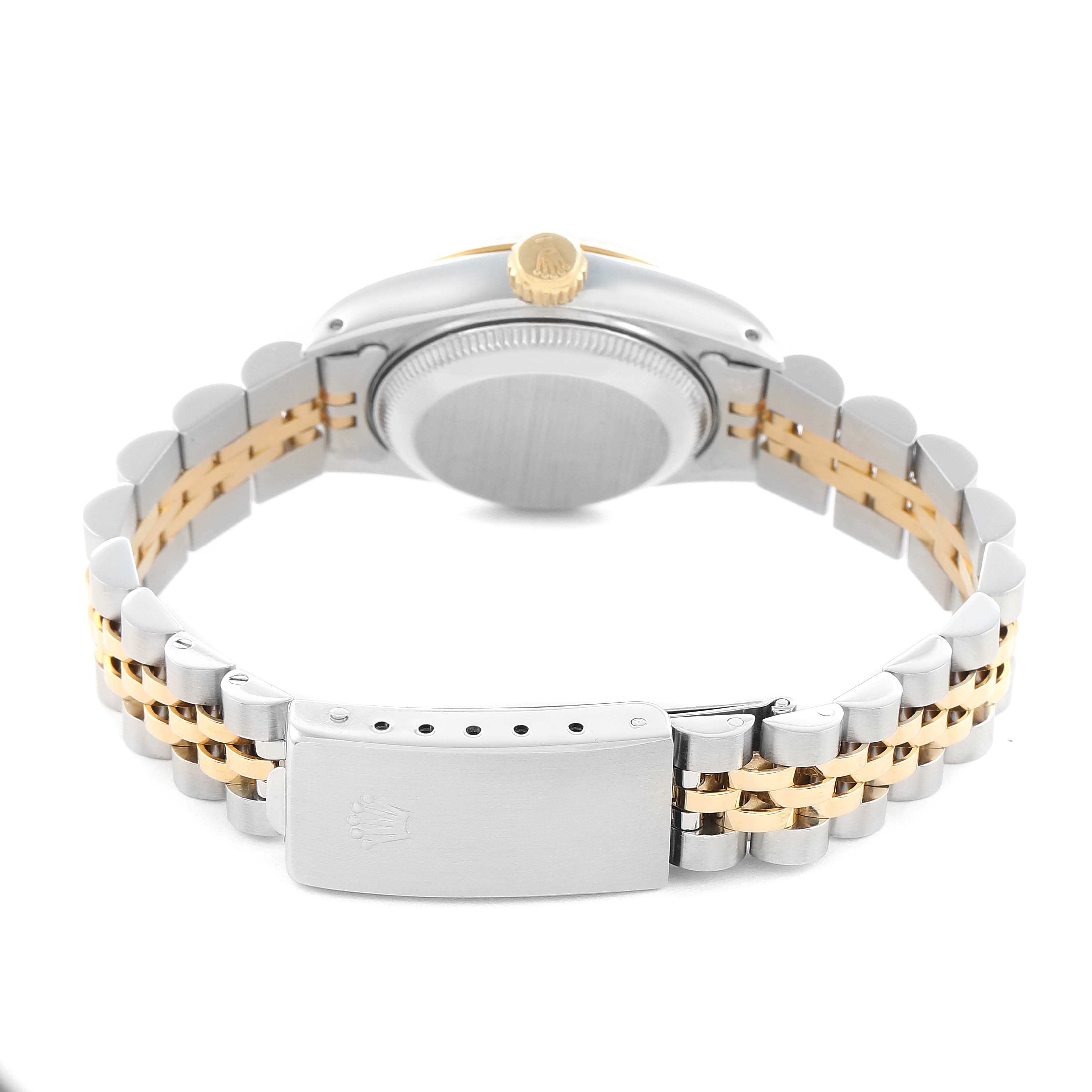 The image shows the back and bracelet of a Rolex Datejust 69173 Women
s Steel and Gold (two tone) Champagne Dial, featuring a two-tone metal design and the clasp with logo.