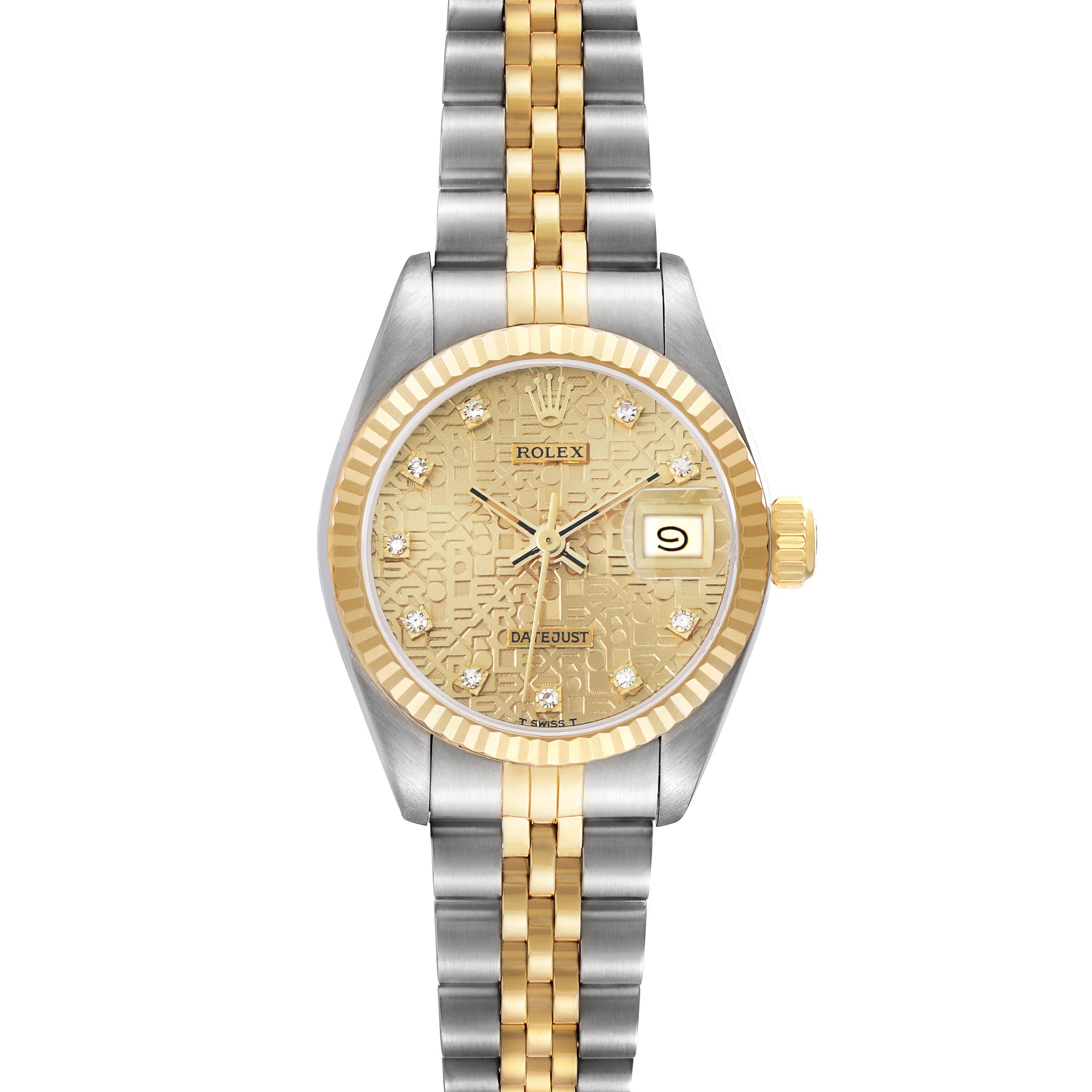 The Rolex Datejust 69173 Women
s Steel and Gold (two tone) Champagne Dial watch is shown from a top-down angle, highlighting the dial, bezel, crown, and bracelet.