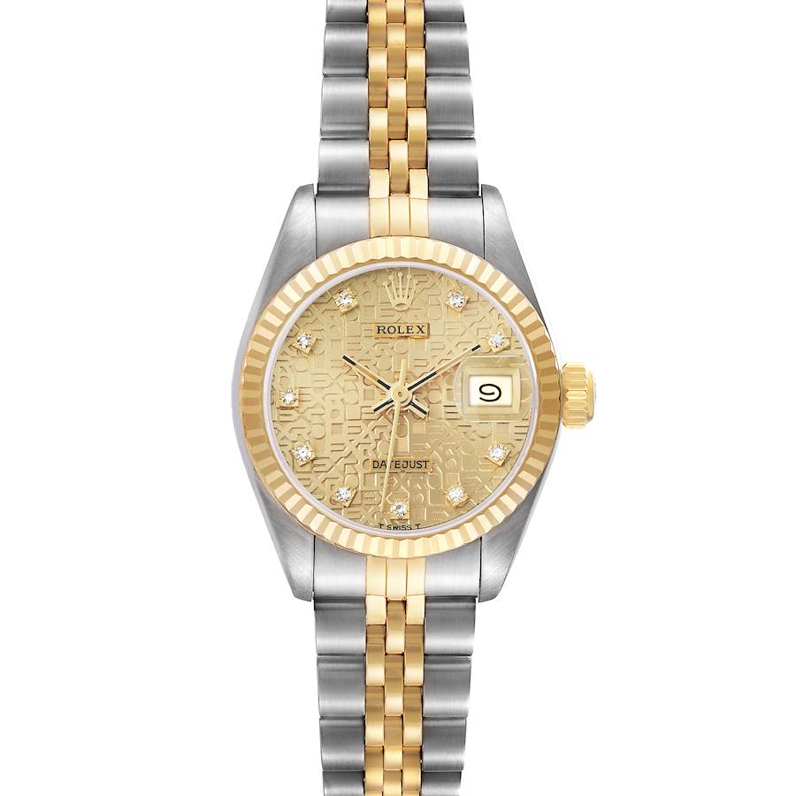 The Rolex Datejust 69173 Women's Steel and Gold (two tone) Champagne Dial watch is shown from a top-down angle, highlighting the dial, bezel, crown, and bracelet.